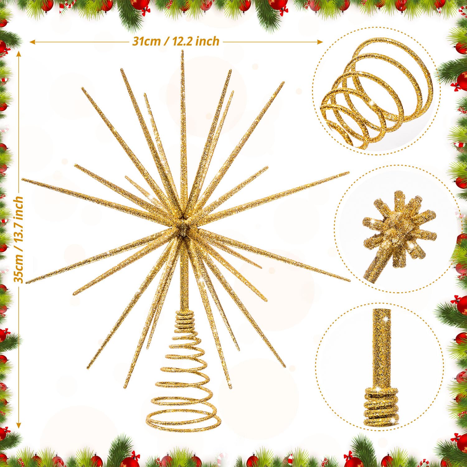 13.7 Inch Gold Christmas Tree Topper - 3D Burst Gold Tree Topper, Exploding Star Christmas Tree New Year Holiday Tree Decoration