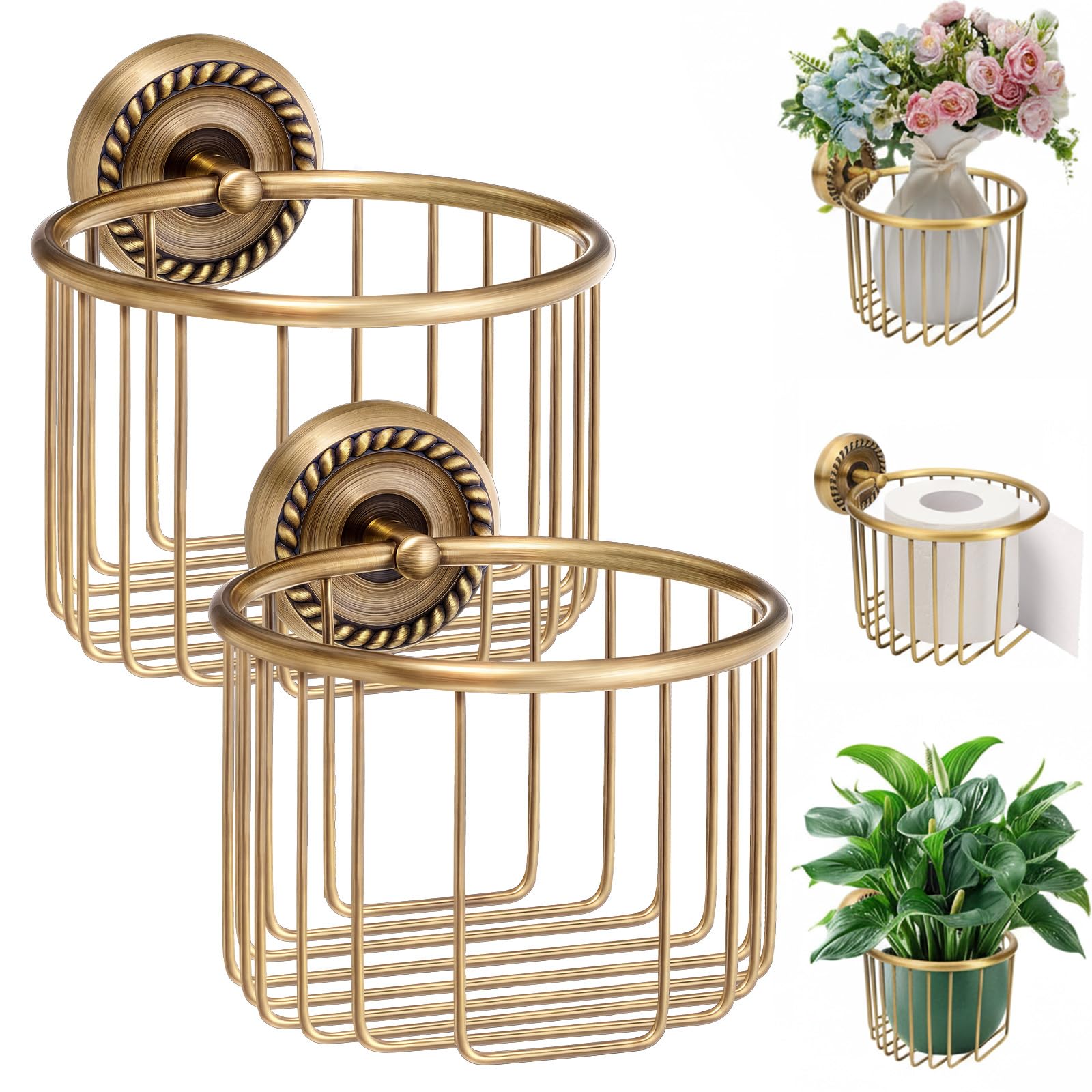 LemonRoad 2 Pack Vintage Brass Toilet Paper Holder Wall Mounted Antique Decorative Toilet Paper Holder for Plant and Candles, Vi