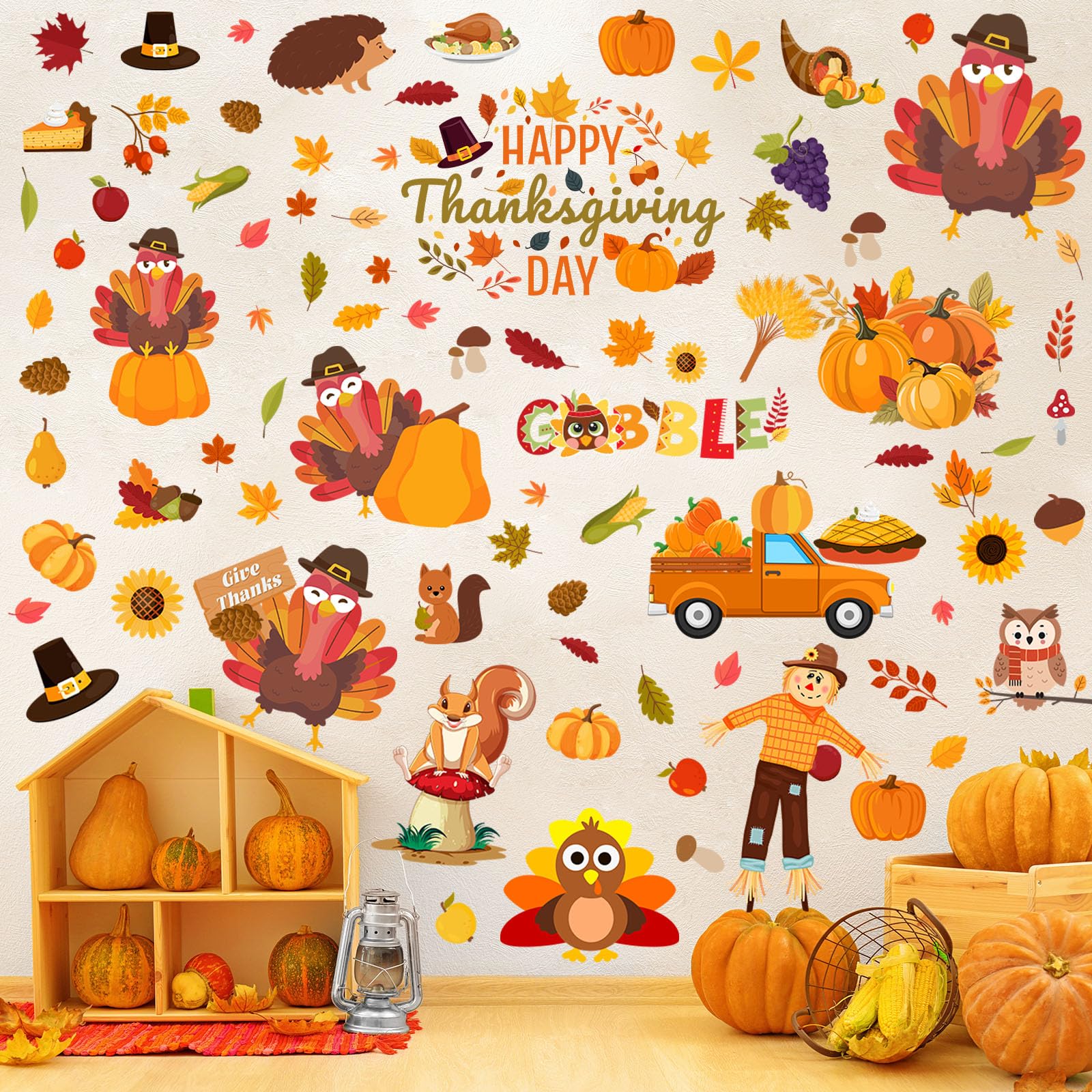 ReliThick 6 Sheets Thanksgiving Wall Decals Turkey Wall Decals Pumpkin Turkey Clings for Glass Peel and Stick Thanksgiving Decor