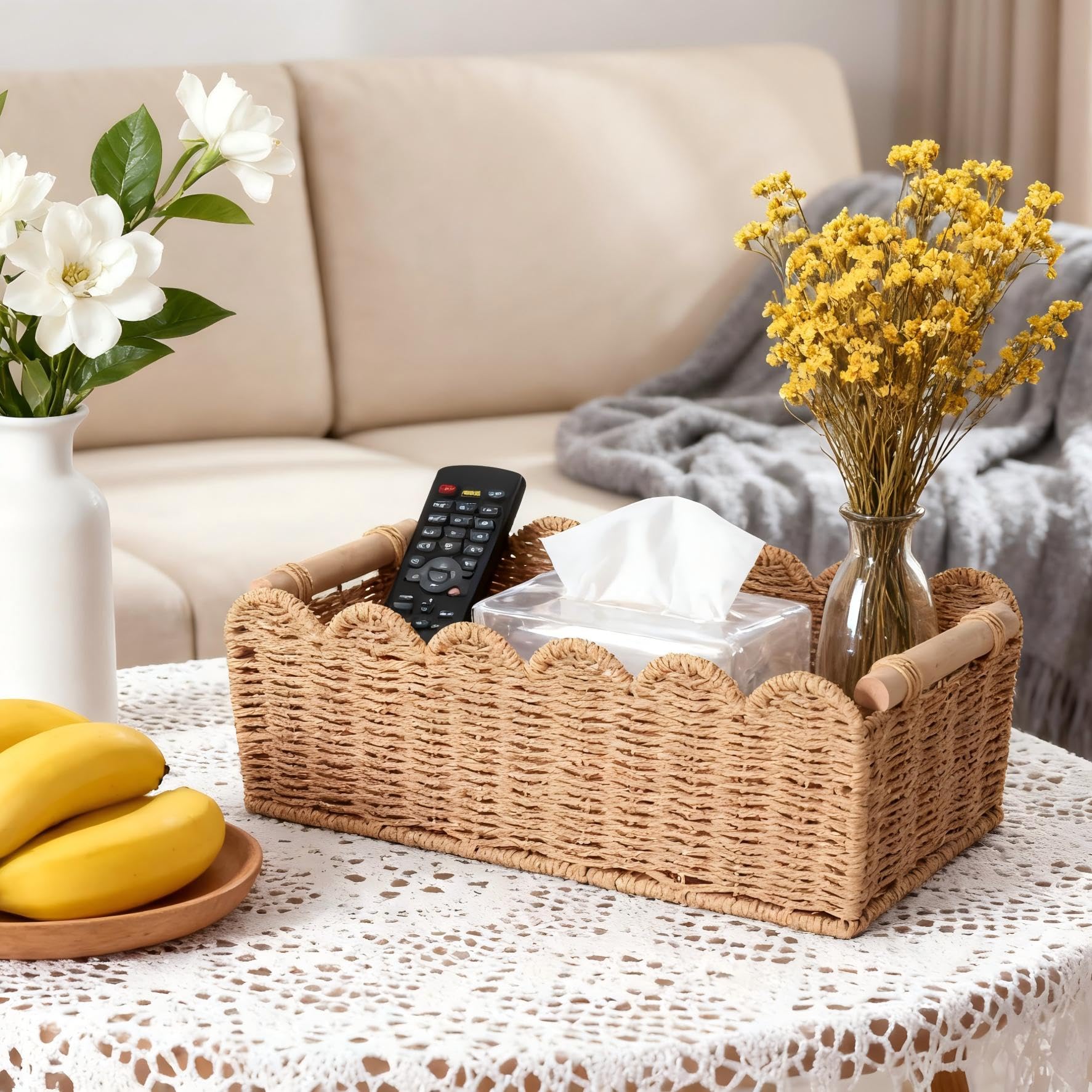 Quincry Scalloped Edge Organizer Basket for Toilet Tank Top with Wooden Handle, Wicker Storage over Above Behind Flush Tank, Han