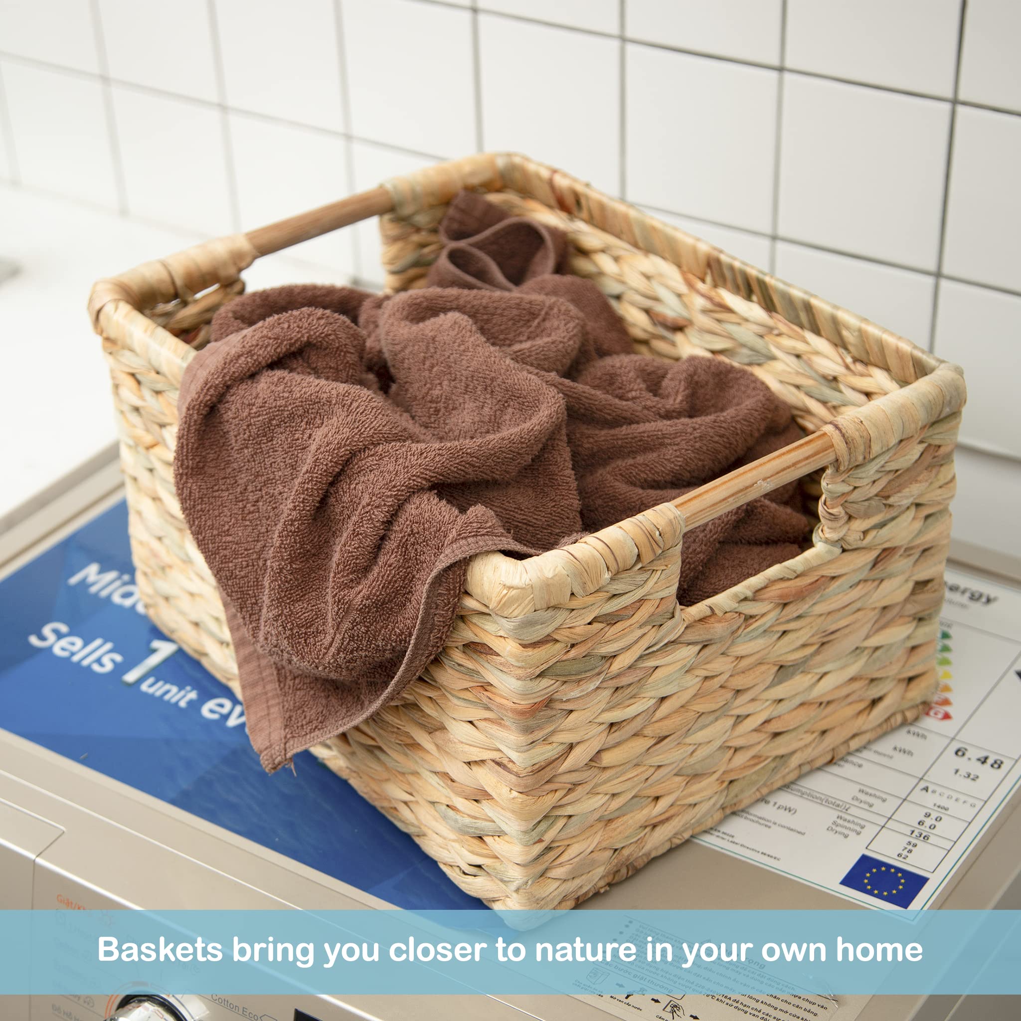 Vatima Large Rectangular Wicker Basket With Wooden Handles For Shelves And Storage - Natural Water Hyacinth Basket For Organizin