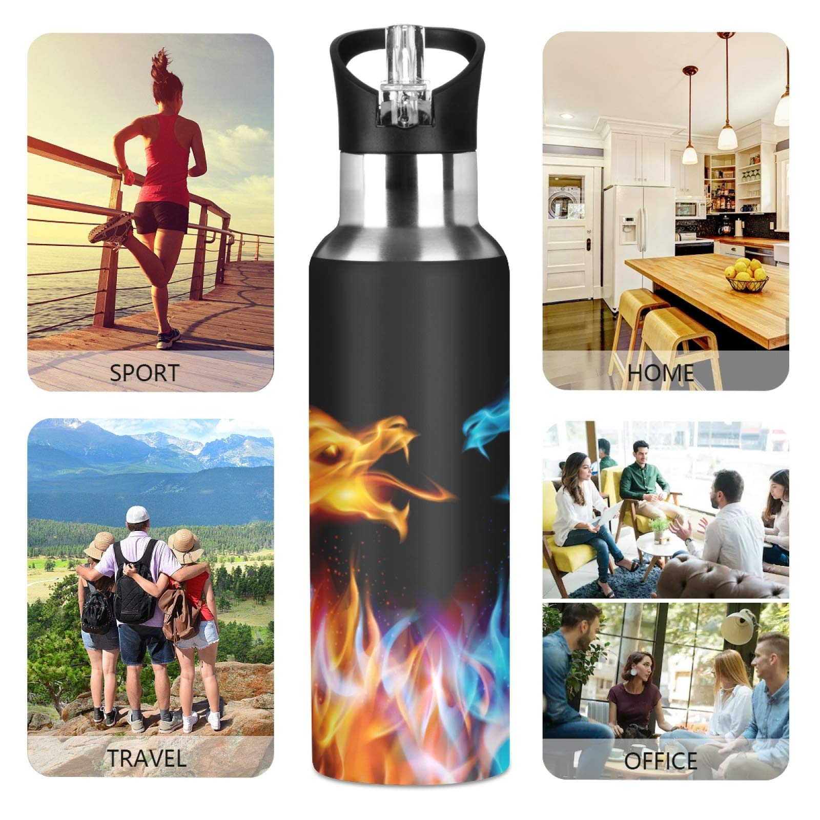 Qilmy 3D Printing Dragon Water Bottle Vacuum Insulated Stainless Steel Water Bottles With Straw Lid Leakproof Wide Mouth Water F