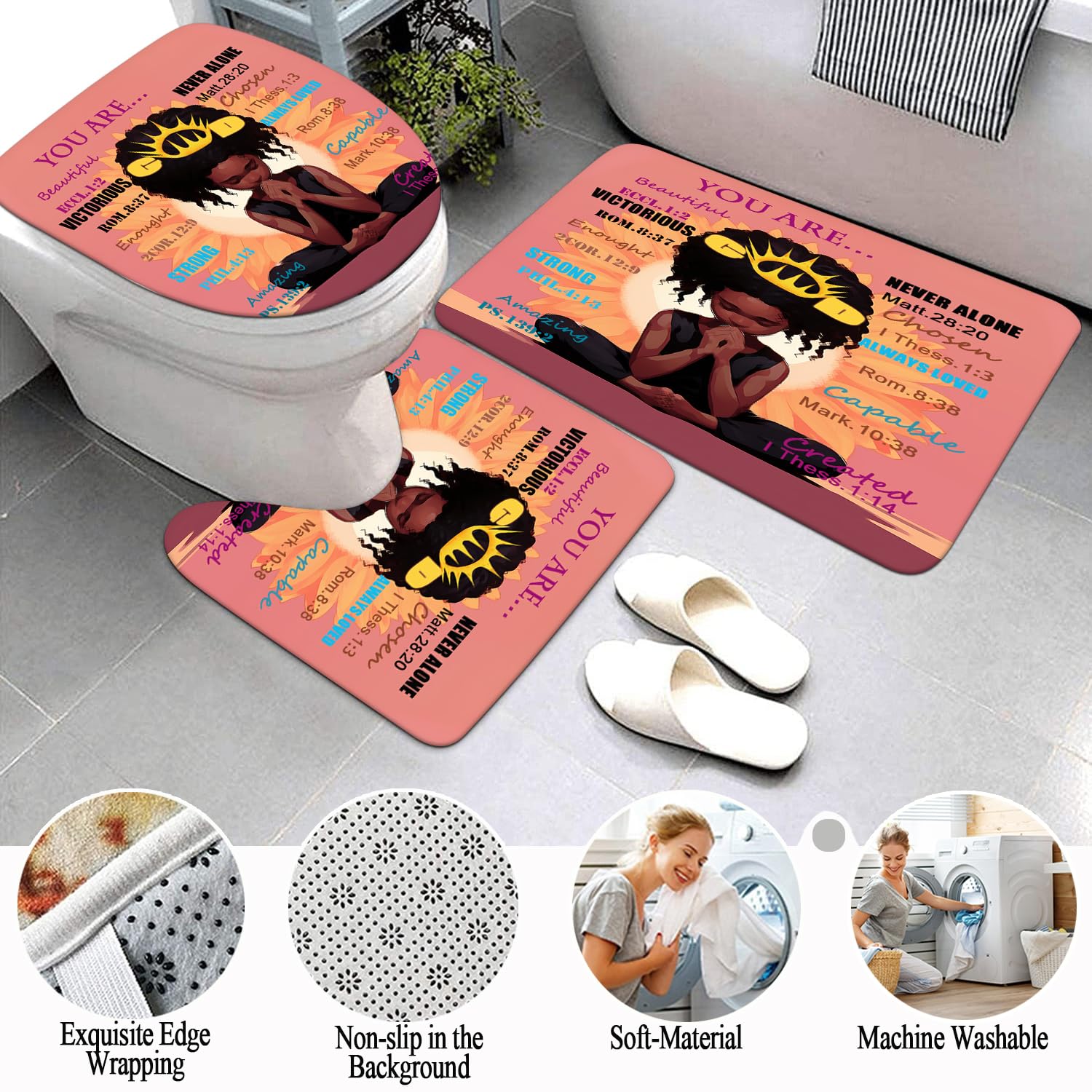 Omebero 4Pcs Romantic Sunflower Black Girl Bathroom Shower Curtain Sets With Rugs, African American Praying Girl Shower Curtain