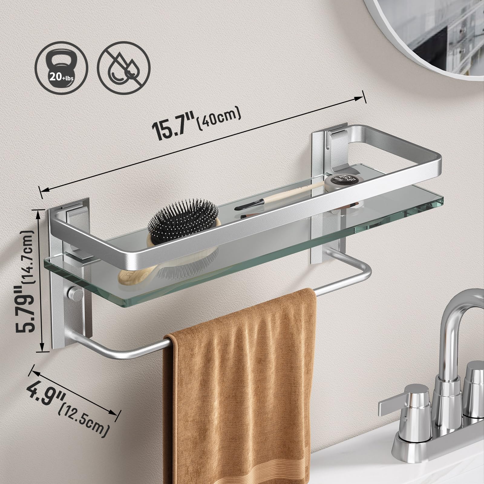 Danpoo Bathroom Wall Shelf With Towel Bar, Clear Tempered Glass, Hand Towel Holder (Matte Silver)