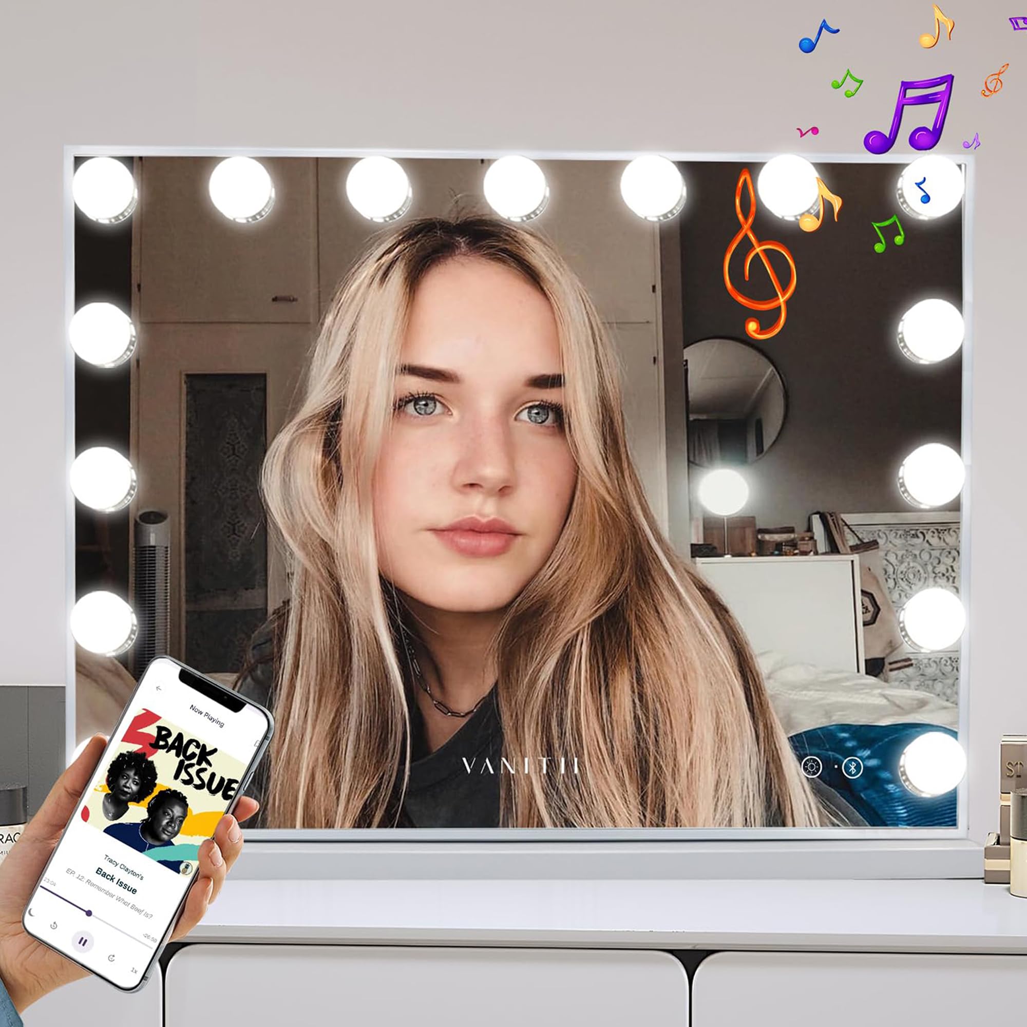 Vanitii Vanity Hollywood Mirror With Lights Speaker Usb Charging Lighted Makeup Mirror With Bulbs 3 Lighting Modes And Desktop L
