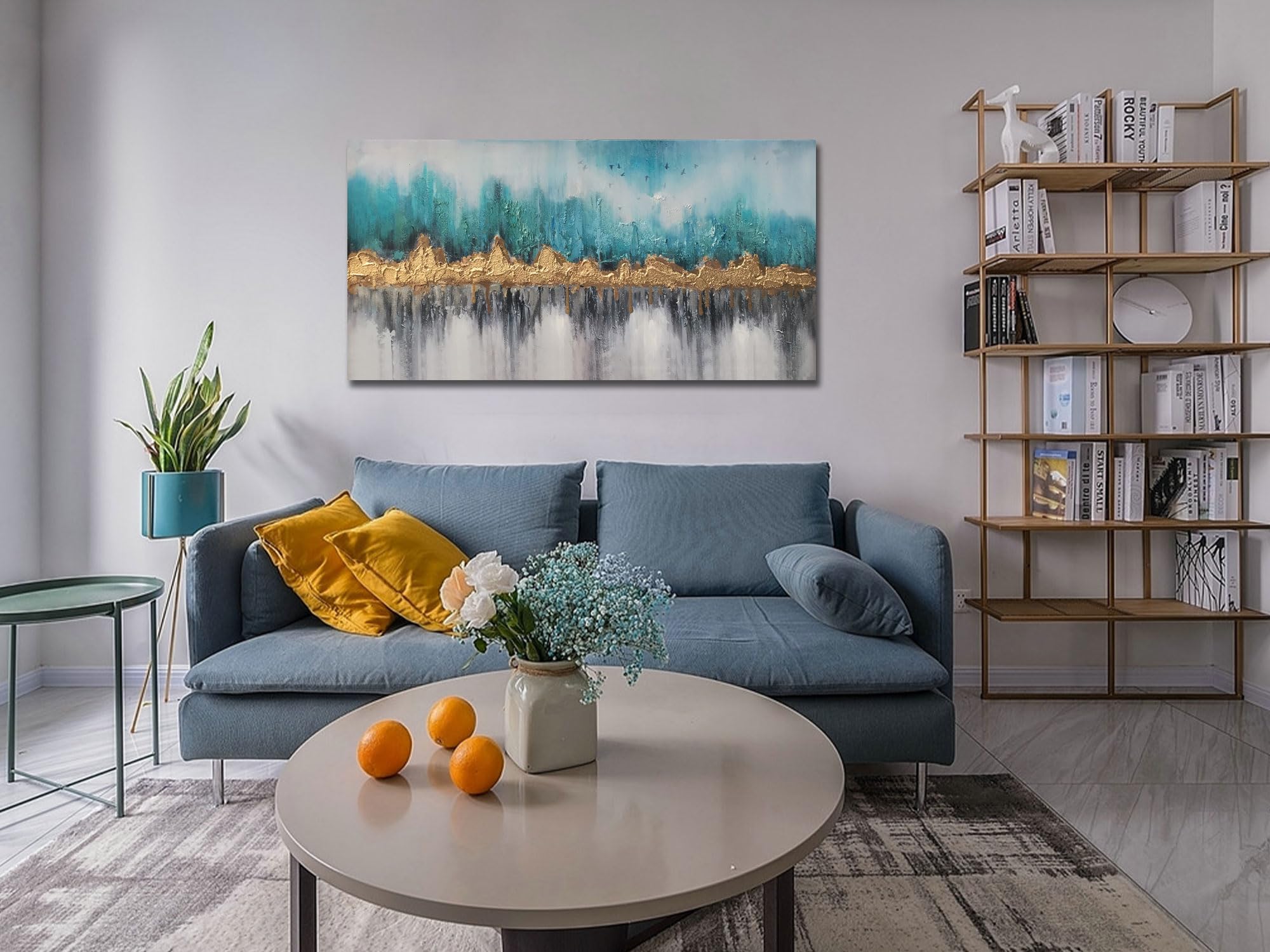 Ardemy Teal Mountain Abstract Canvas Wall Art Nature Gold Scenery Painting Modern Blue Landscape Turquoise Panoramic Picture Lar