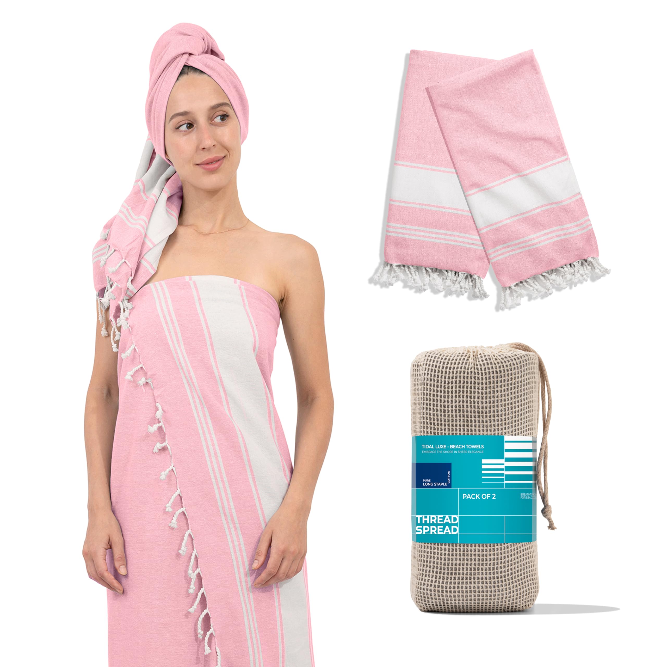 Thread Spread Turkish Cotton Beach Towels 2 Pack - 39'' X 71'' Quick Dry Sand Free Beach Towels For Adults - Oversized, Lightwei