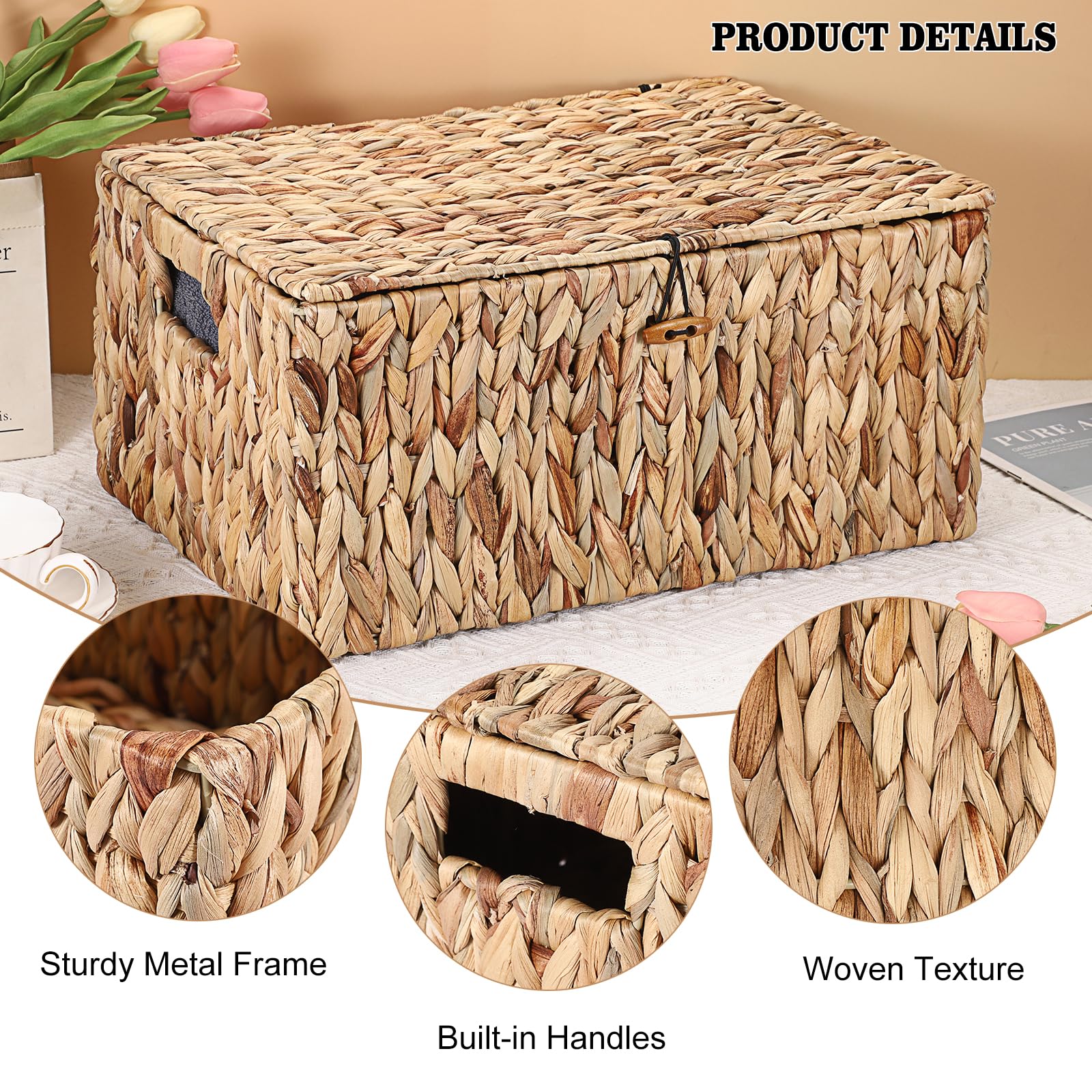 Hipiwe Wicker Storage Bins With Lid, X-Large Handwoven Water Hyacinth Wicker Baskets Rectangular Decorative Shelf Baskets Bin Bu