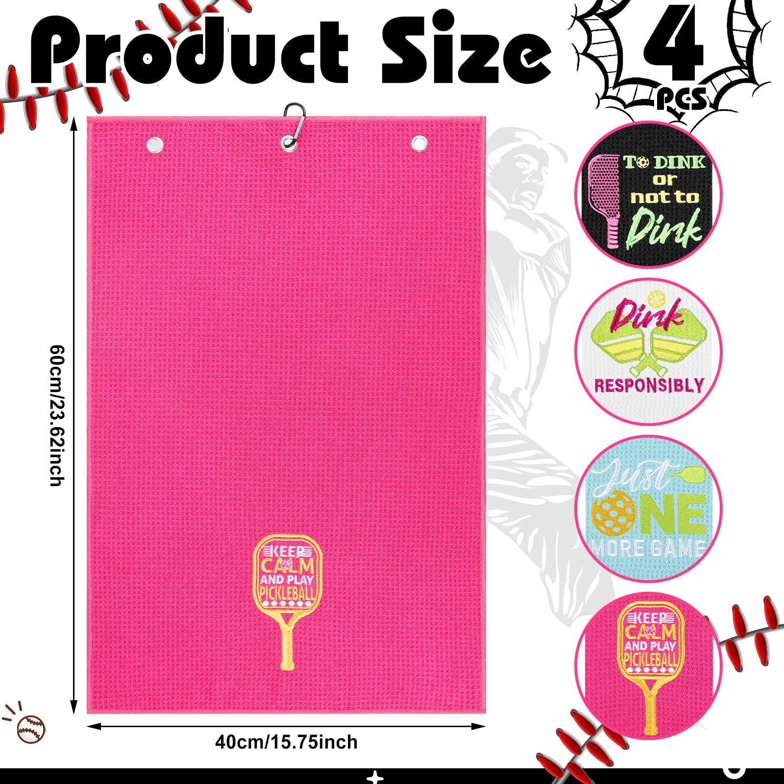 4 Pcs Funny Pickleball Towel Athletic Towels with Grommet Absorbent Embroidered Pickleball Gifts for Men Women Dinkball Towels T