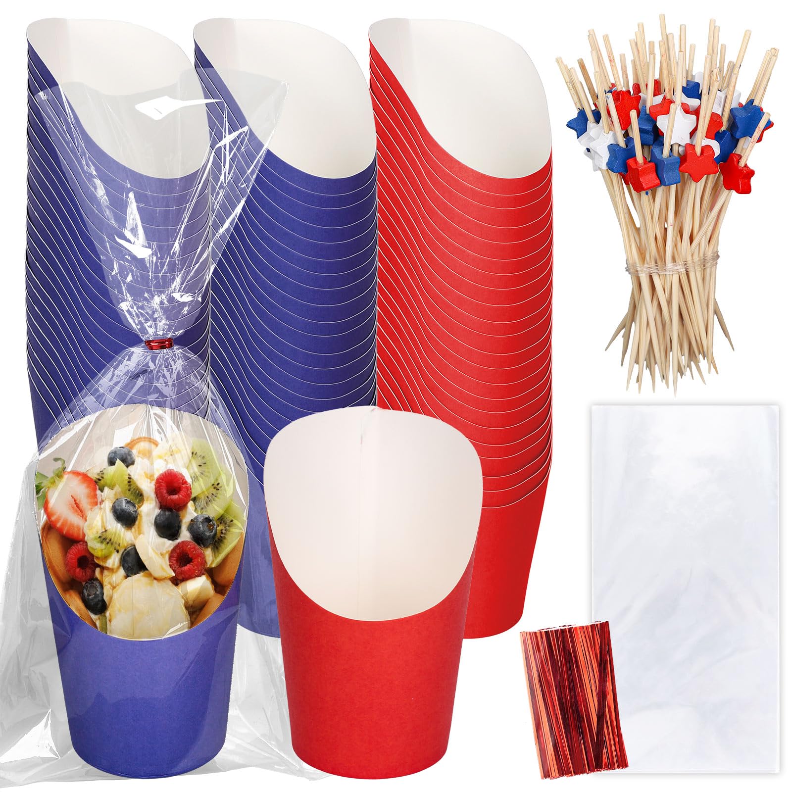JarThenaAMCS 50Pcs Patriotic July 4th Charcuterie Cups with Sticks Plastic Treat Goodie Bags Twist Ties 14oz French Fries Cup Ho