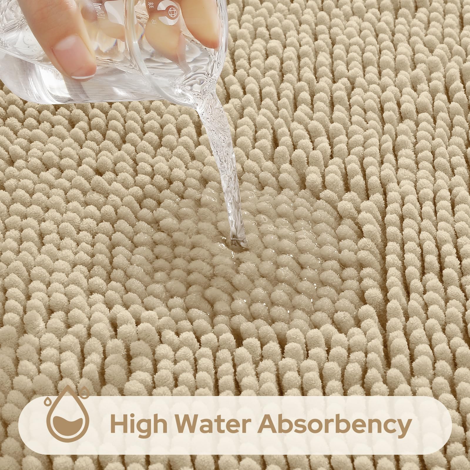 Homeideas 3 Pieces Bathroom Rugs, Ultra Soft Non Slip Absorbent Chenille Toilet Bath Mat Set (Beige)