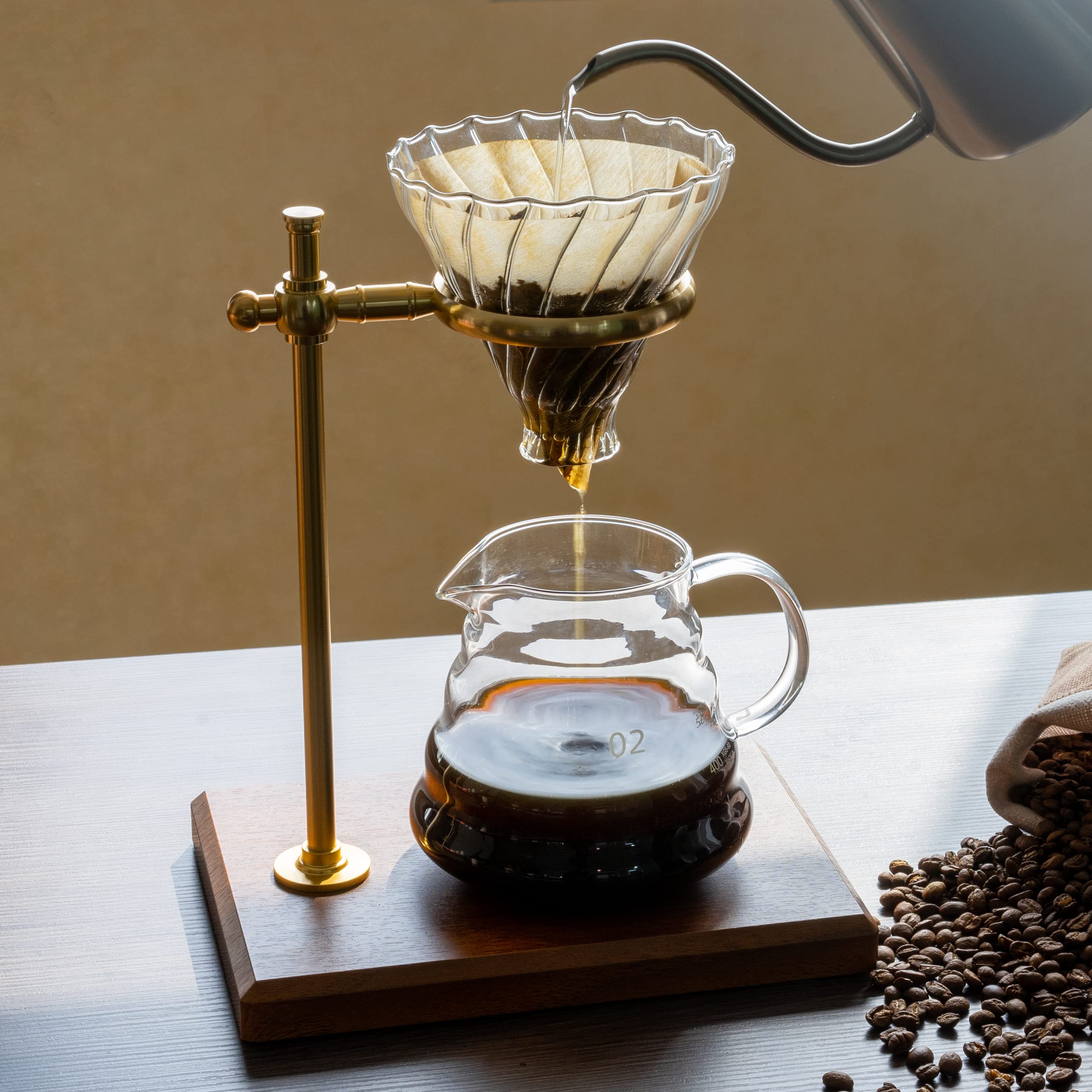 L'ÉPICÉA Pour Over Coffee Maker Set - Borosilicate Glass, Brass Adjustable Stand, Wooden Base, Includes Paper Filters, One Size