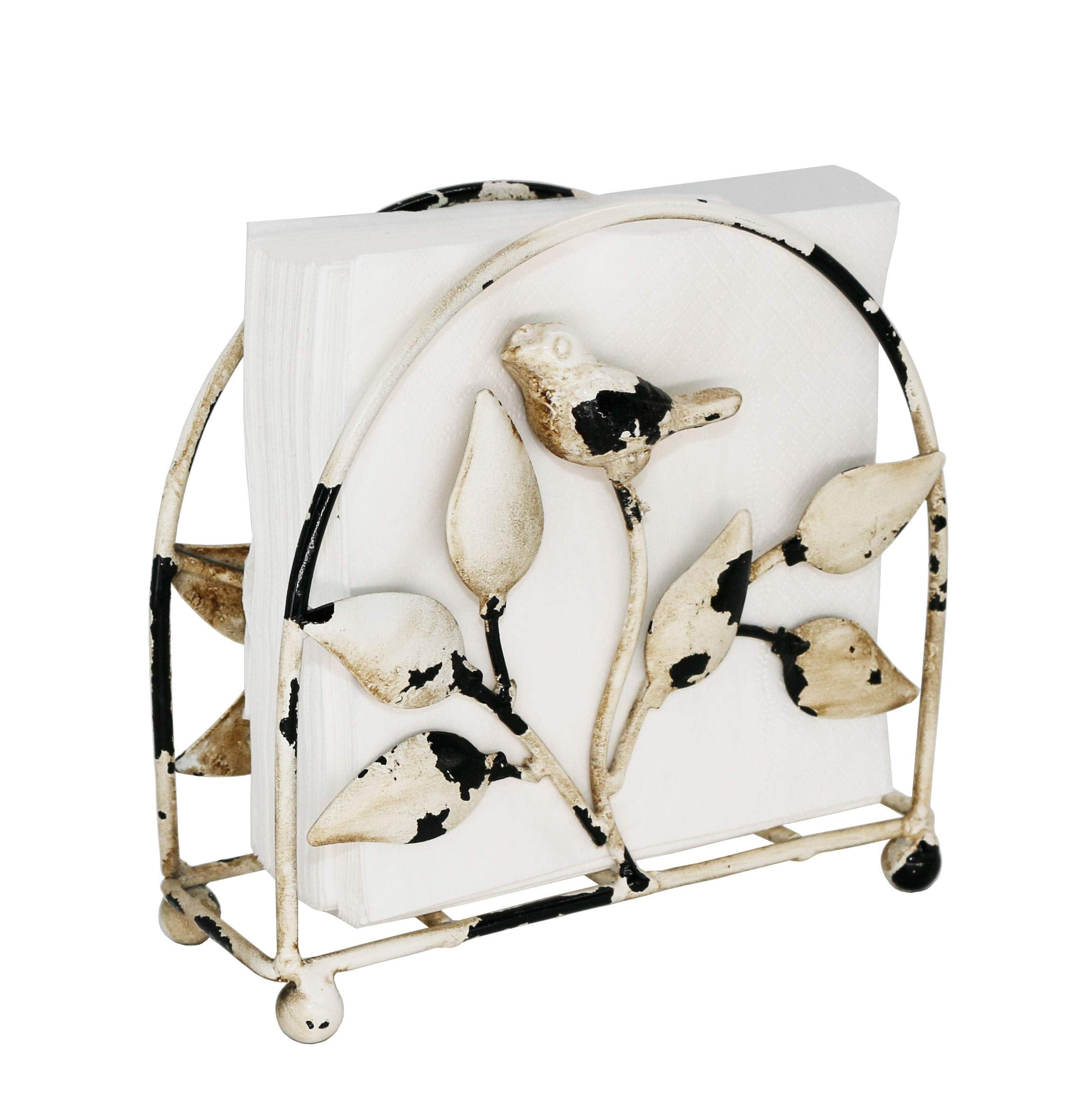 Cast Iron Bird & Tree Classic Napkin Holder/Tabletop Freestanding Tissue Dispenser, Rustic White