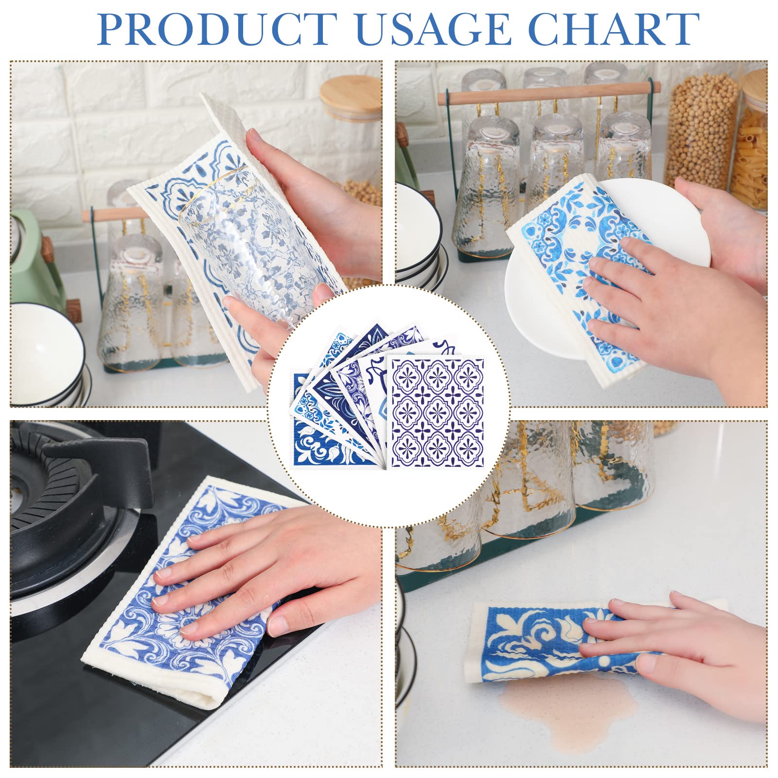 Cunhill 6 Pcs Reusable Kitchen Dish Cloths, Absorbent Cellulose Sponge, Quick Drying, Small, Blue Plaid