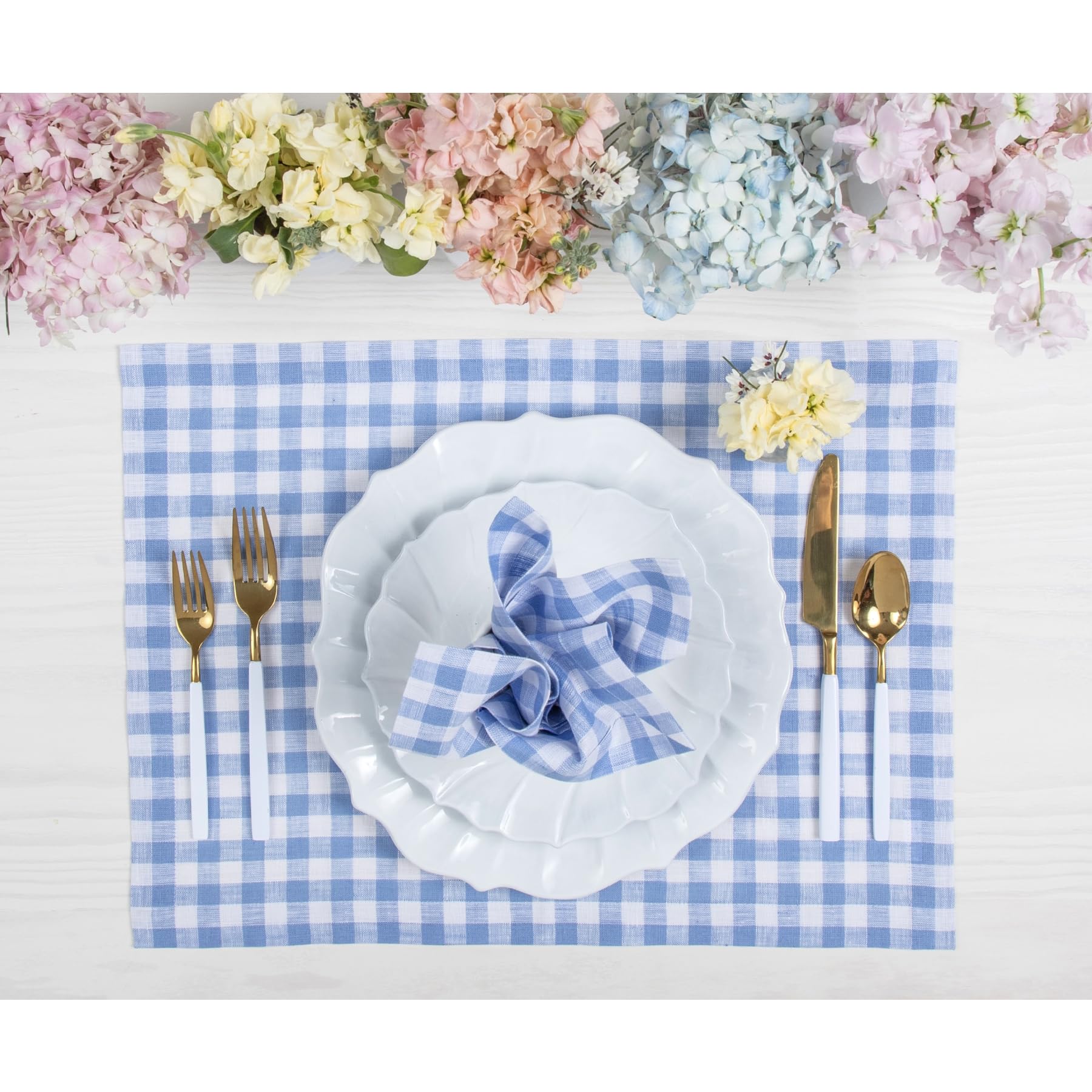 Solino Home Check Linen Dinner Napkins 20 X 20 Inch - 100% Pure Linen Hydrangea Blue Plaid Cloth Napkins Set Of 4 For Spring, Ea