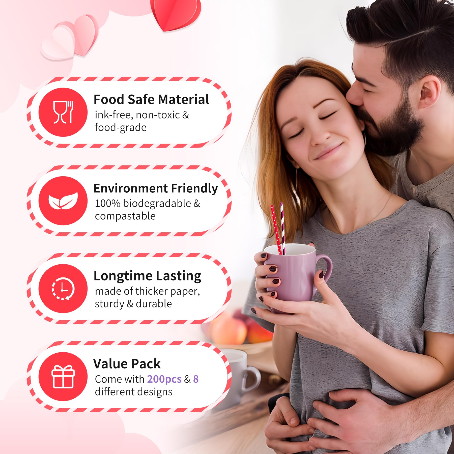 [200 Pack] Paktalk Valentine Paper Straws, 8 Assorted Red White Paper Straws With Strips Dots Waves Stars Metallic Rose Gold Pap