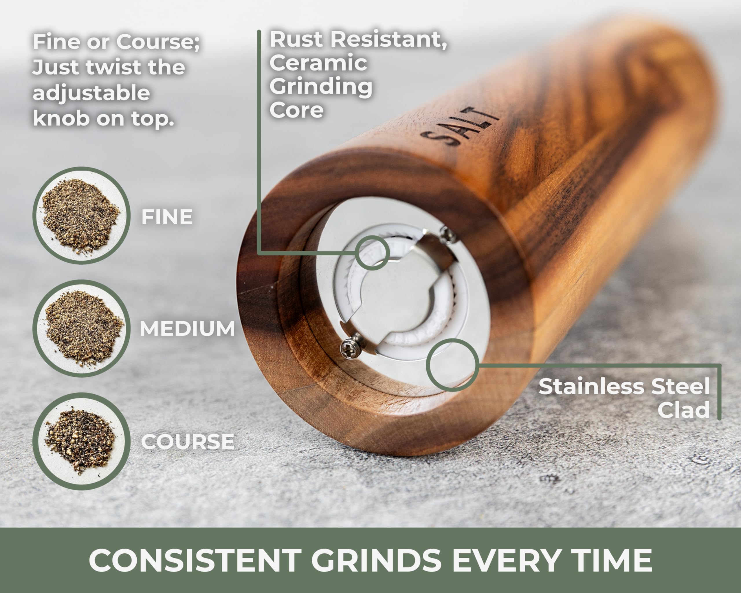 Saffron & Sage Premium Acacia Wood Salt And Pepper Grinder Set Of 2-8    Tall Salt And Peppercorn Mill With Adjustable Coarse Se