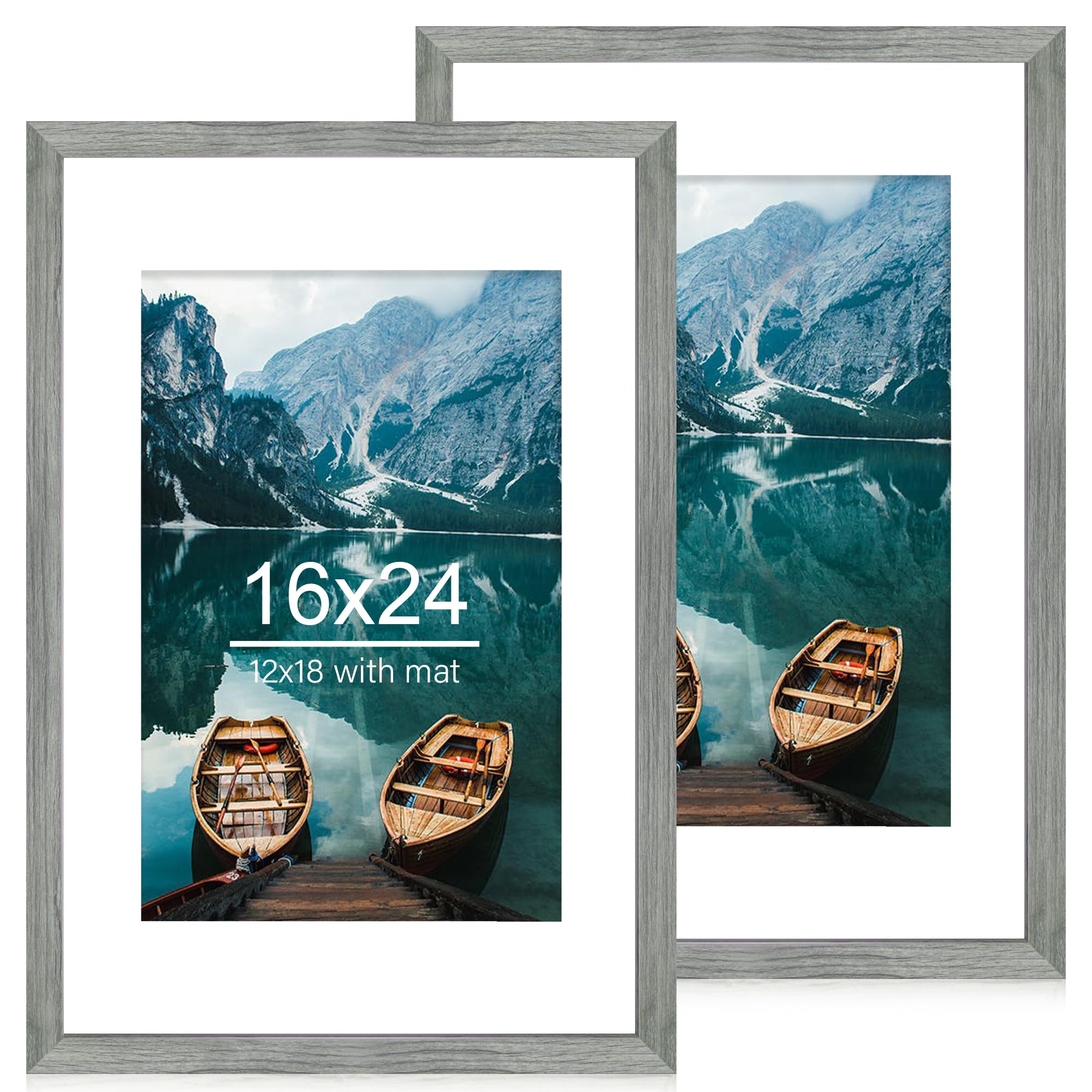 Hongkee 16x24 Frame Set of 2, Rustic Grey Wood Style - Display 16 x 24 Picture without Mat or 12x18 Picture with Mat, Wall Mount