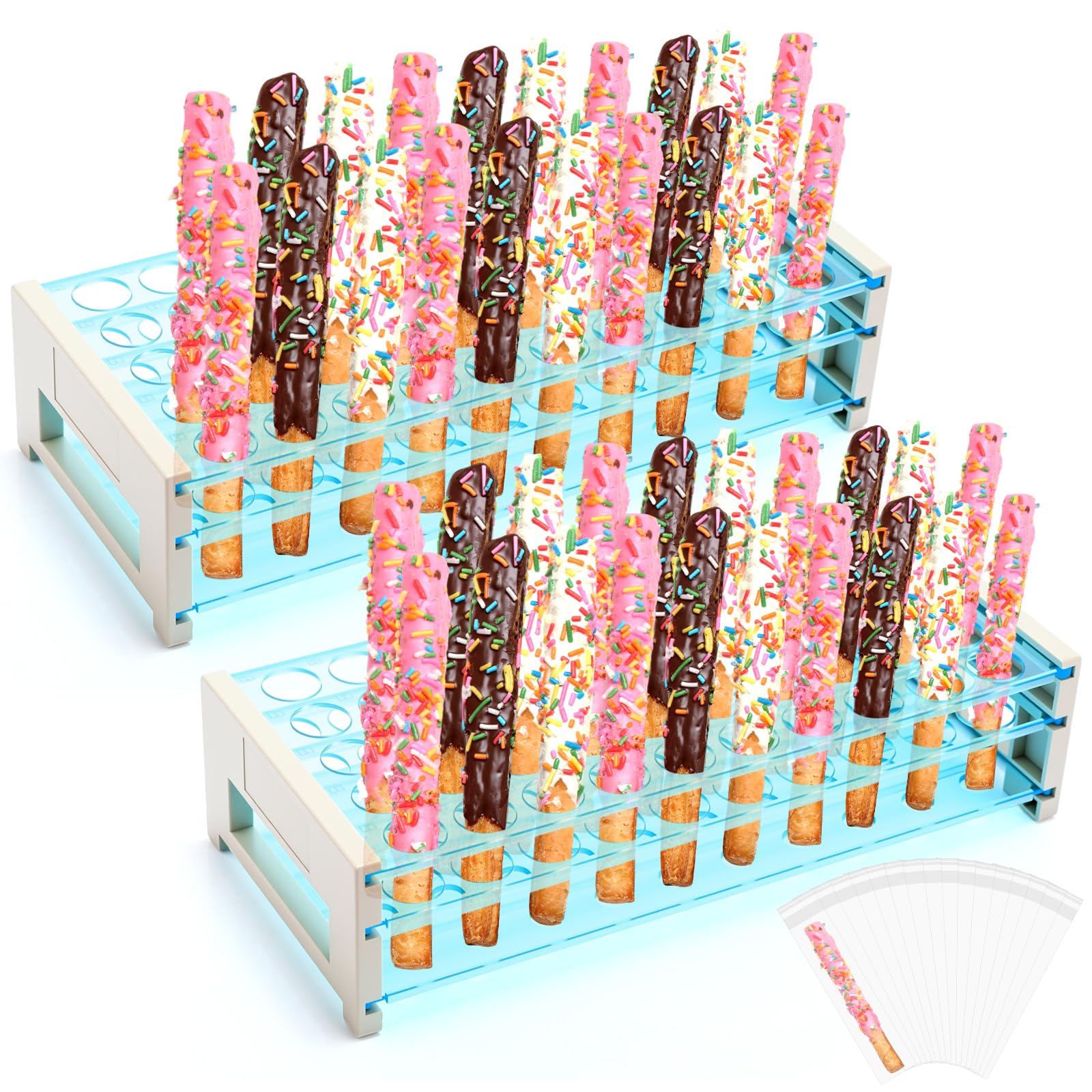 Kathfly 2 Set Pretzel Rod Holder with 100 Pcs Stick Bags Kit 50 Hole Clear Plastic Pretzel Stand with Bag for Chocolate Holiday 