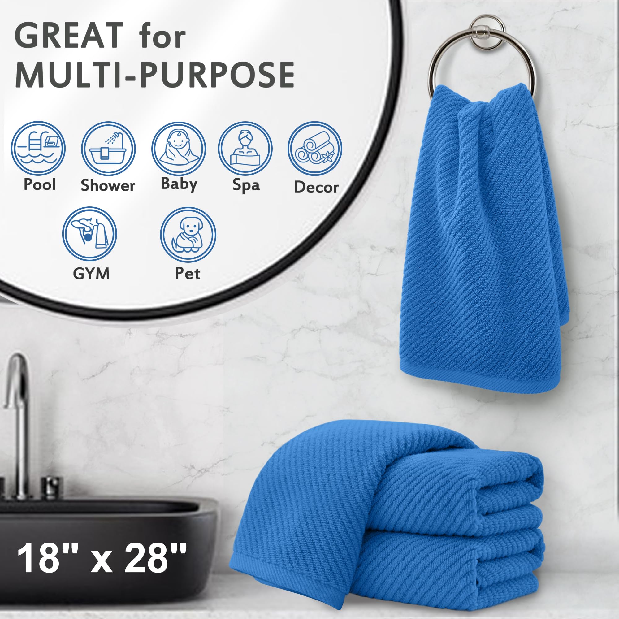 Voova & Movas Blue Hand Towels For Bathroom, 4 Pack Large 18'' X 28'' - 100% Cotton | Quick Dry | Thick | Soft | Lightweight, Ba