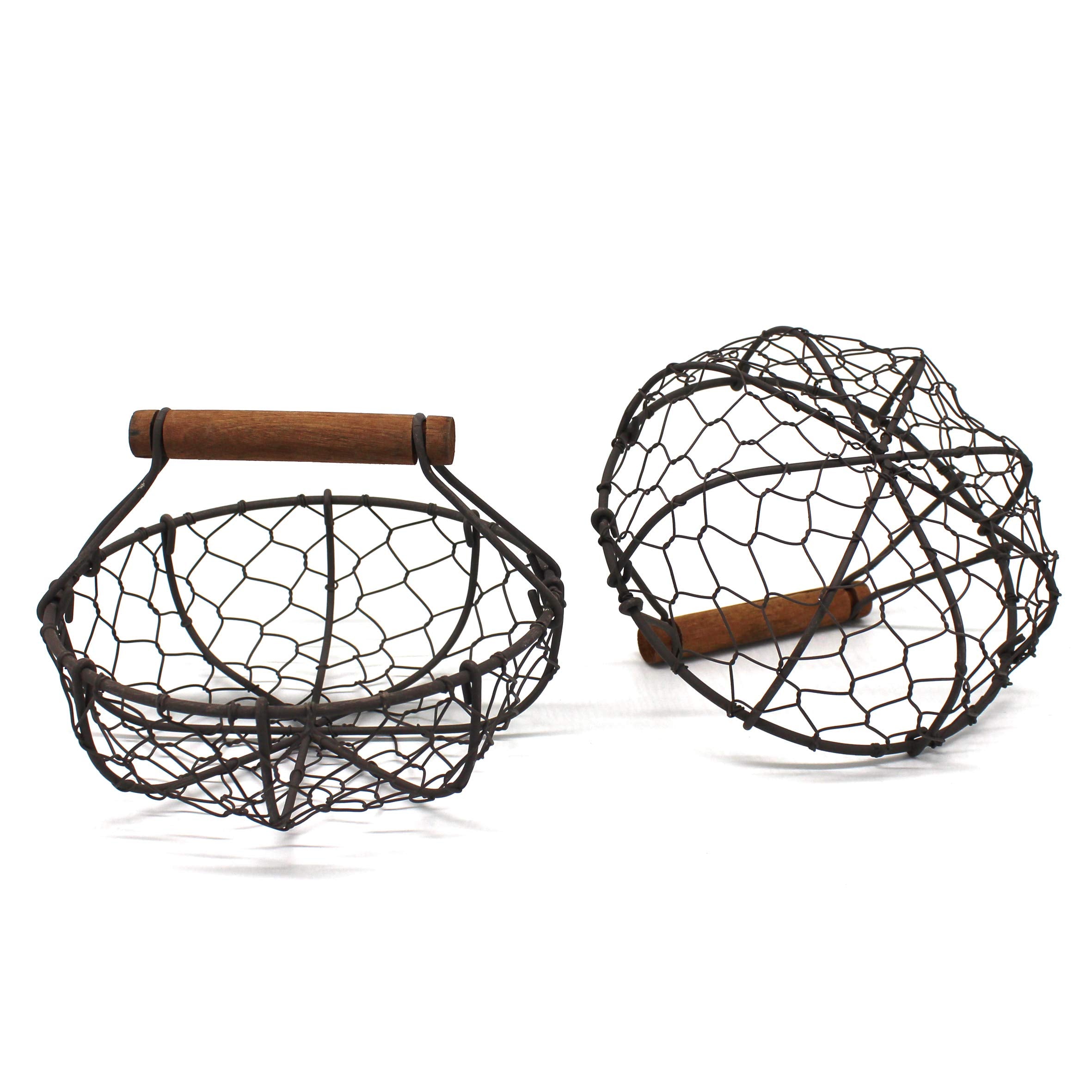 CVHOMEDECO. Chicken Wire Egg Baskets Set of 2, Round Rusty Vintage Storage Baskets with Wooden Handle, Model CV50108