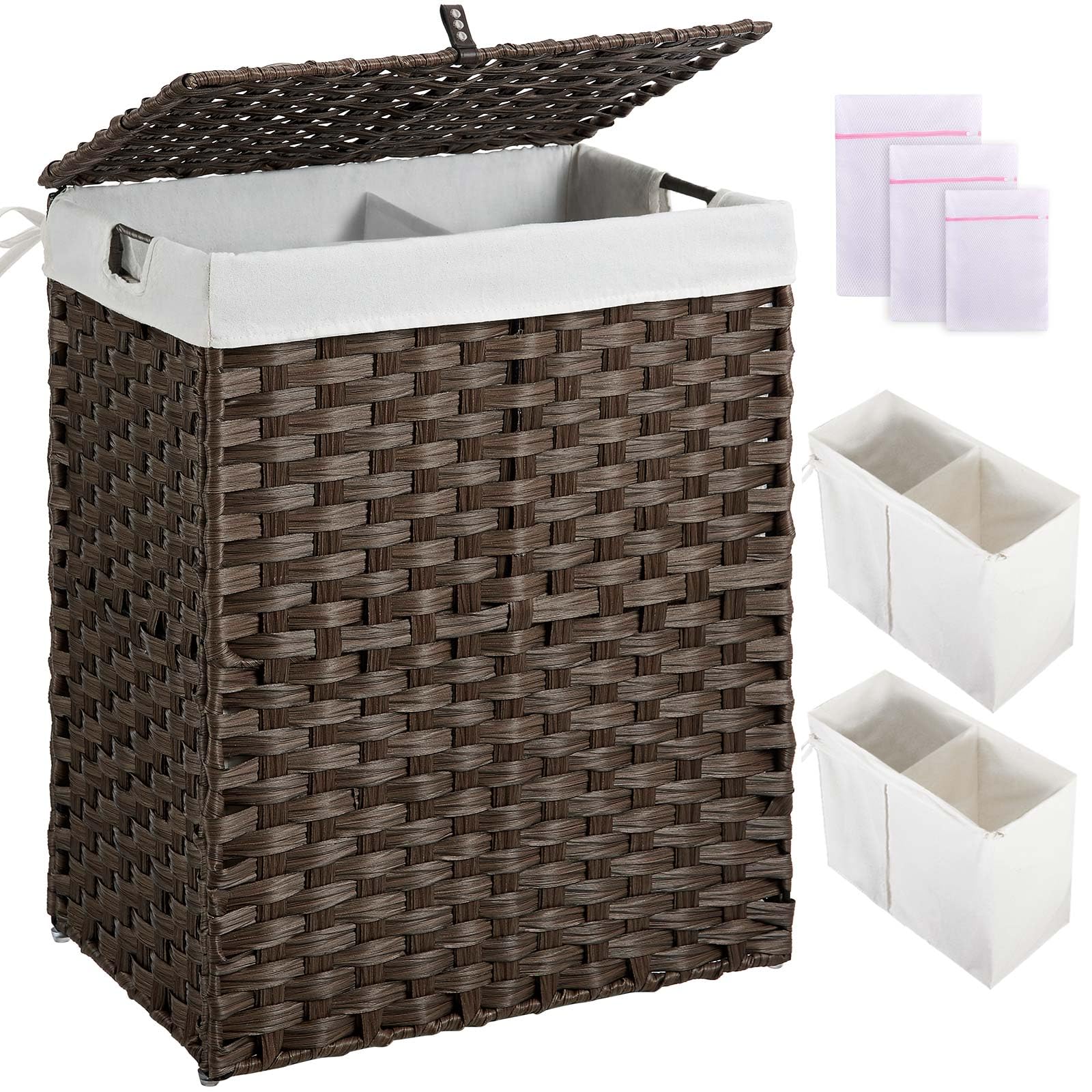 Greenstell Laundry Hamper With Lid, No Install Needed, 90L Wicker Laundry Baskets Foldable 2 Removable Liner Bags, 2 Section Clo