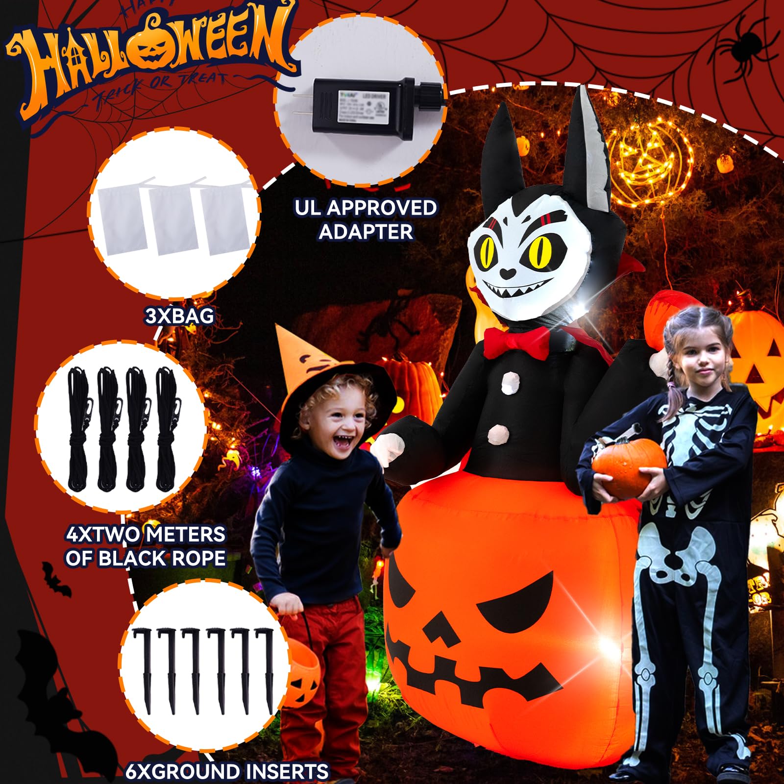 Halloween Inflatable, SHDEJTG 6FT Pumpkin Cat Inflatable Decoration with LED Lights Built-in for Outdoor, Holiday, Party, Yard,