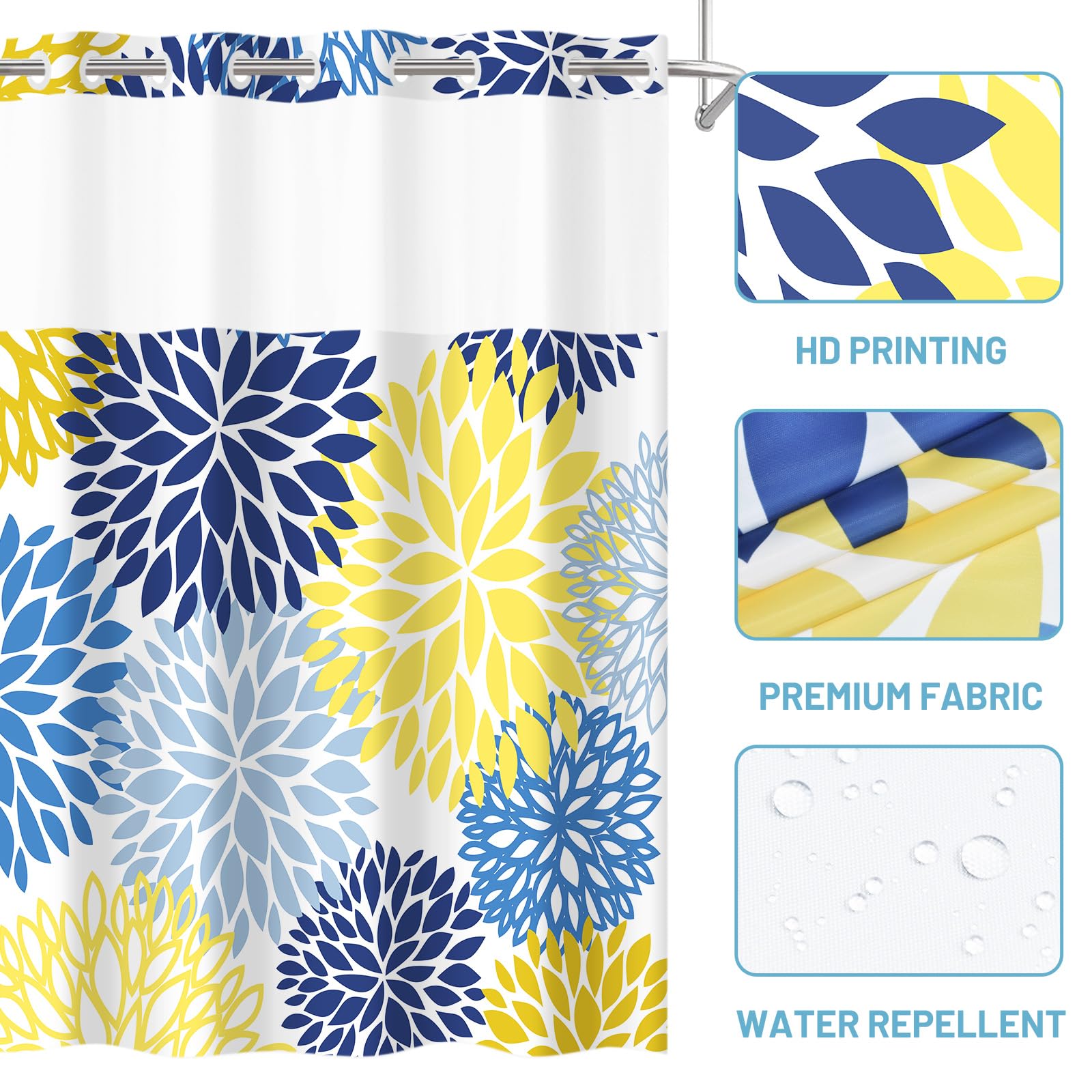 Withloc No Hook Shower Curtain With Snap In Liner - Dahlia Floral Shower Curtain - Fabric Waterproof Inner Liner, Plants Yellow