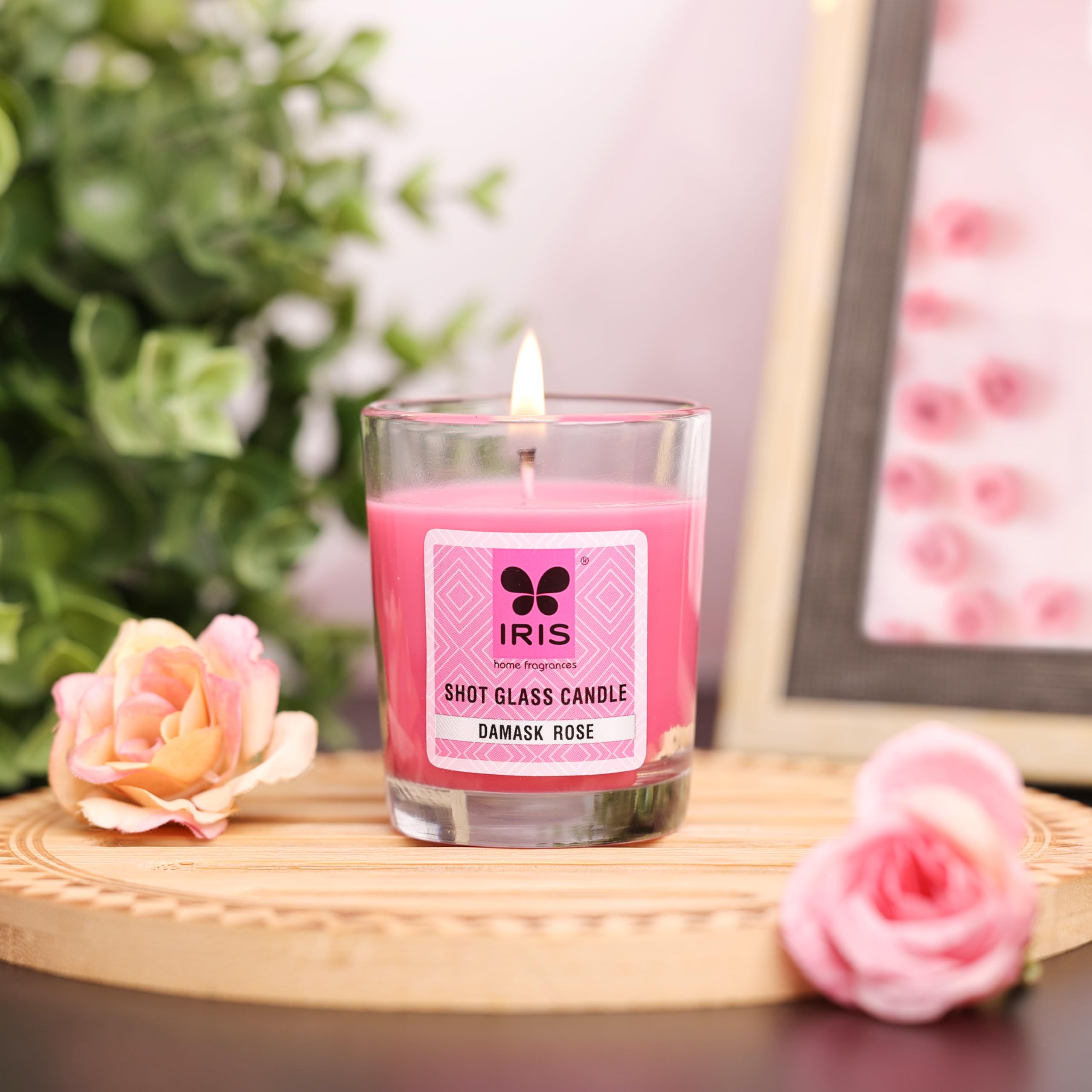 Iris Shot Glass Candle | Damask Rose Fragrance | 40G | 8Hour Burn Time | PinkColoured Wax | Ifra Certified | NonToxic & Safe 