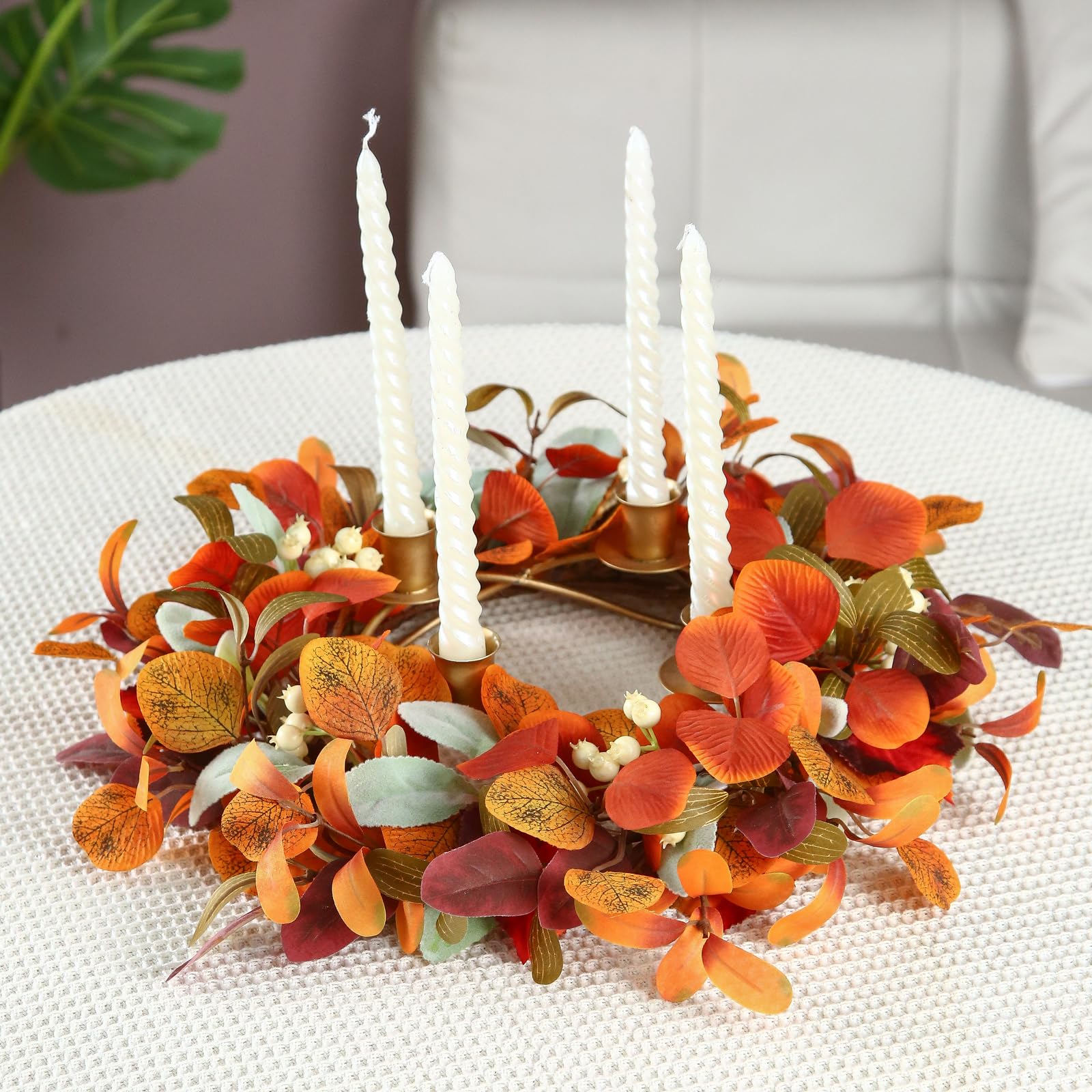CIR OASES 12 inch Fall Candle Wreaths Artificial Lambs Ears Leaves Garland with Berries Autumn Candle Rings for Pillars Wedding 