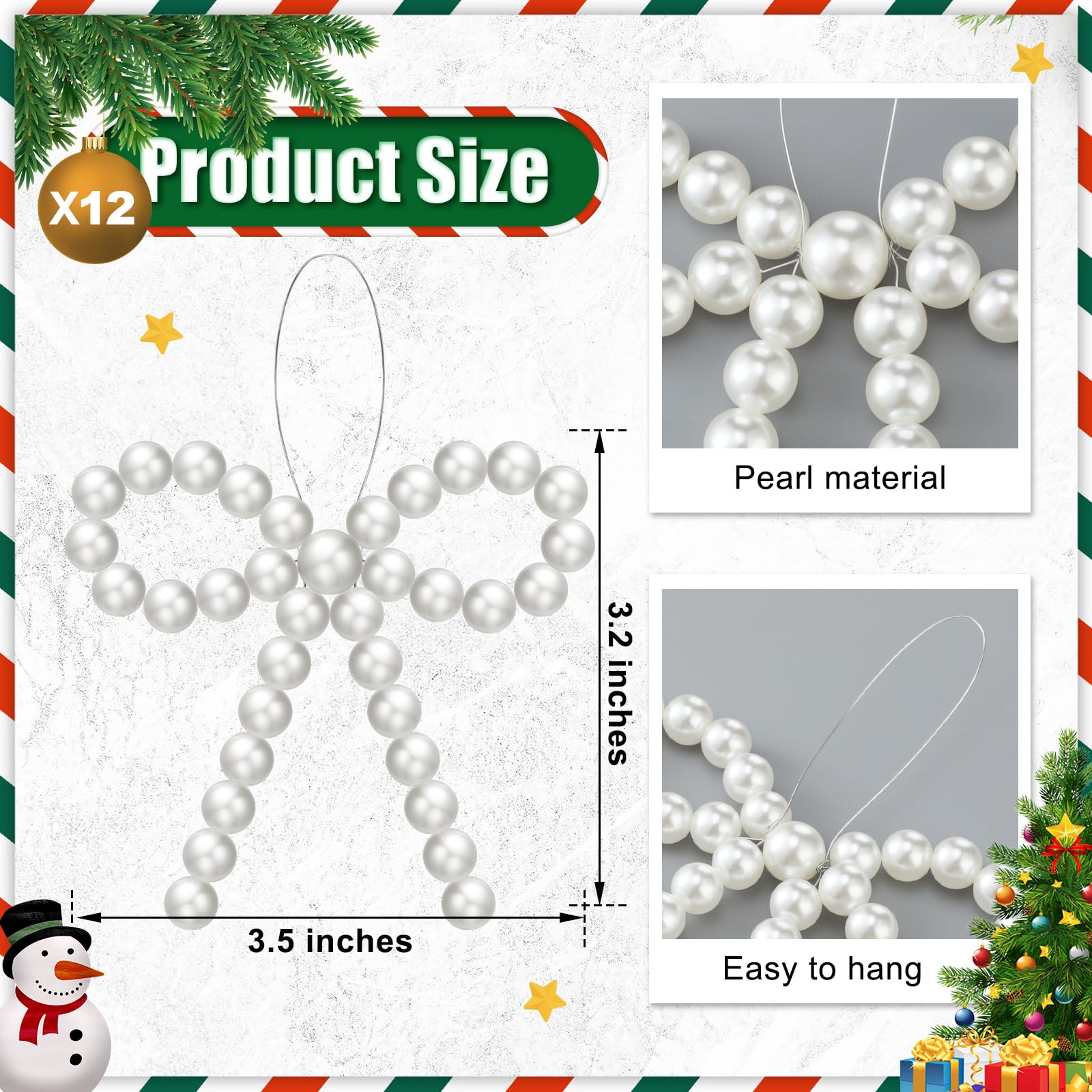 VioraWhite 12 Pcs Pearl Bow Christmas Tree Ornaments - Christmas Tree Bead Bow Hanging Ornaments for Xmas Party Crafts, Wreaths,
