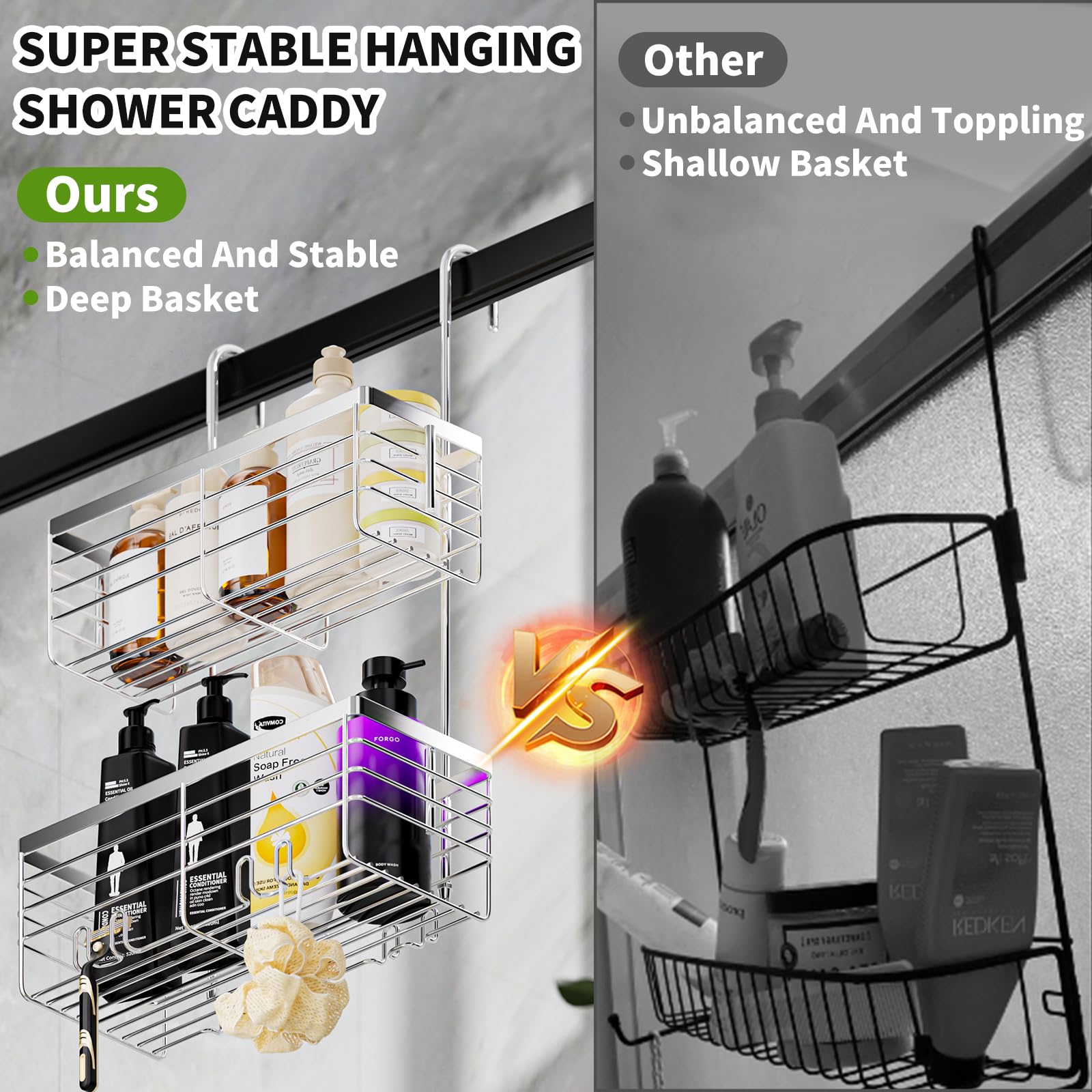 Shanshui Shower Hanging Caddy, Double Bathroom Shower Organizer Basket, Shampoo Bracket, Over Door Shower Rack With Hooks, 304 S