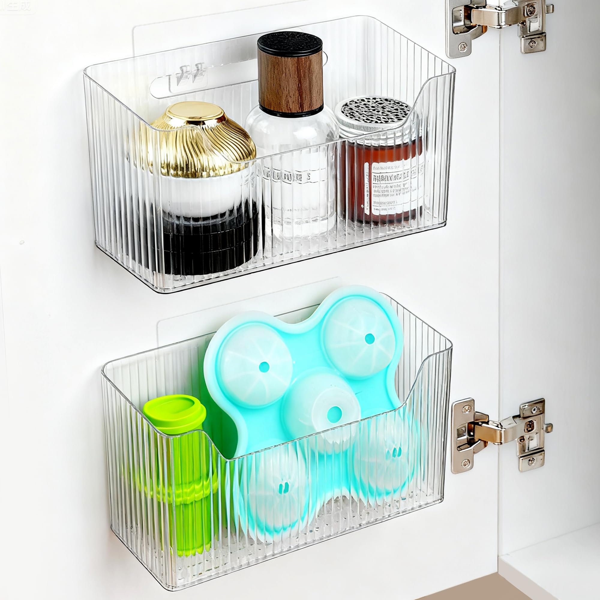 MZYIWUU 2 Pack Cabinet Door Organizer, Adhesive Wall Mounted Organizer Bins, Clear Storage Caddy, Stackable Basket for Kitchen C