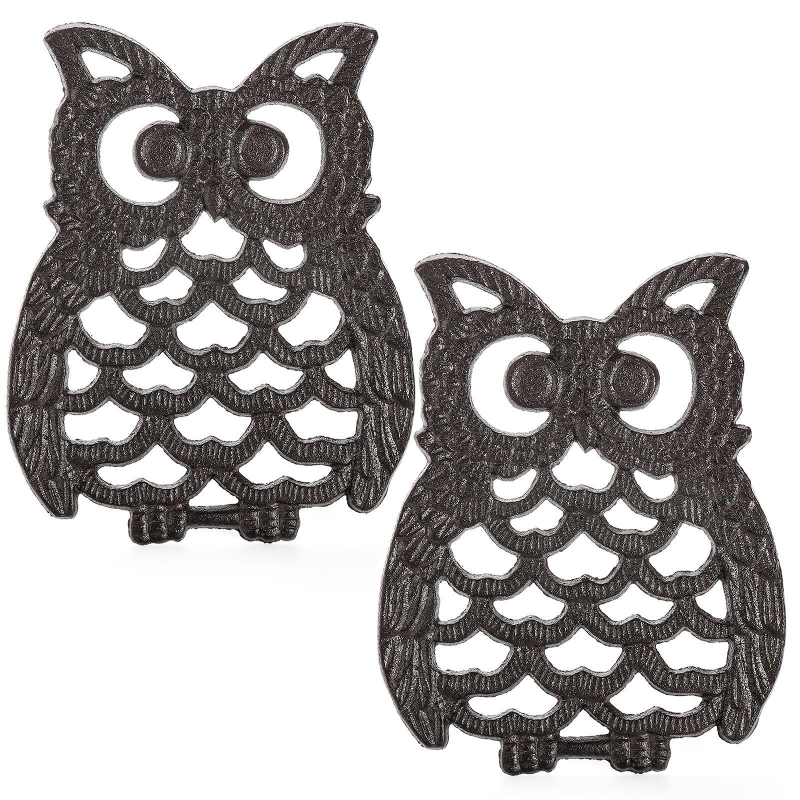Hedume 2 Pcs Cast Iron Owl Trivets, Heavy Duty Cast Iron Trivet With Rubber Pegs, Decorative Trivet For Kitchen Counter Or Dinin