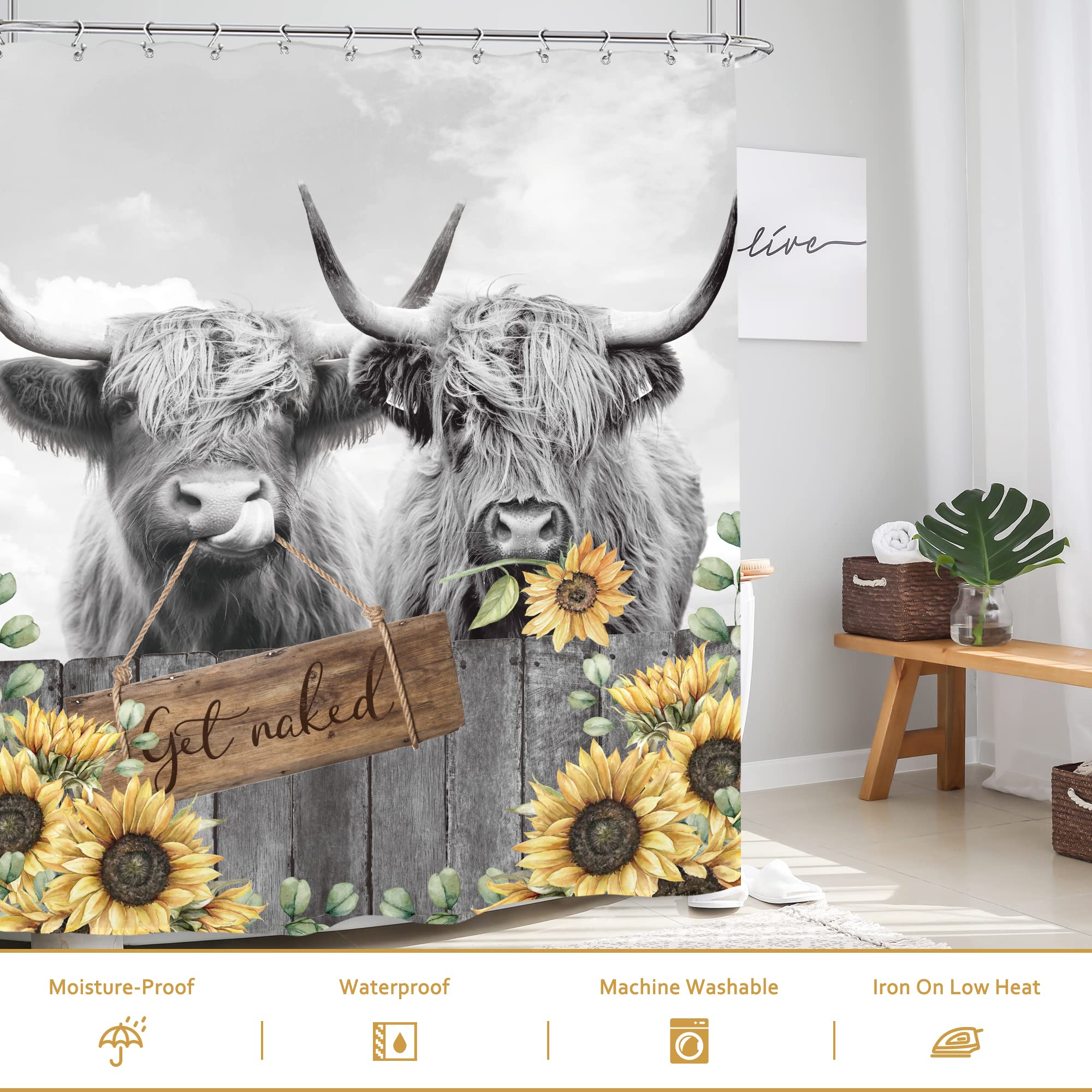 Glawry Vintage Highland Cow Sunflower Shower Curtain 60Wx72L Inches Funny Western Country Retro Get Naked Bull Cattle Farmhouse