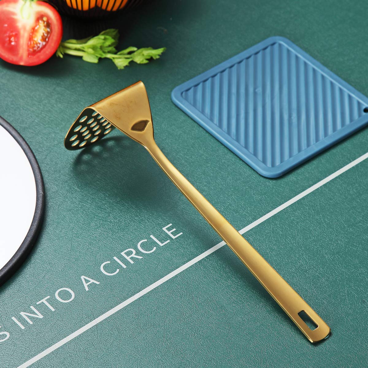 Gold Potato Masher, Berglander Heavy Duty Metal Potato Ricer Stainless Steel With Titanium Gold Plating, Food Masher Utensil Han