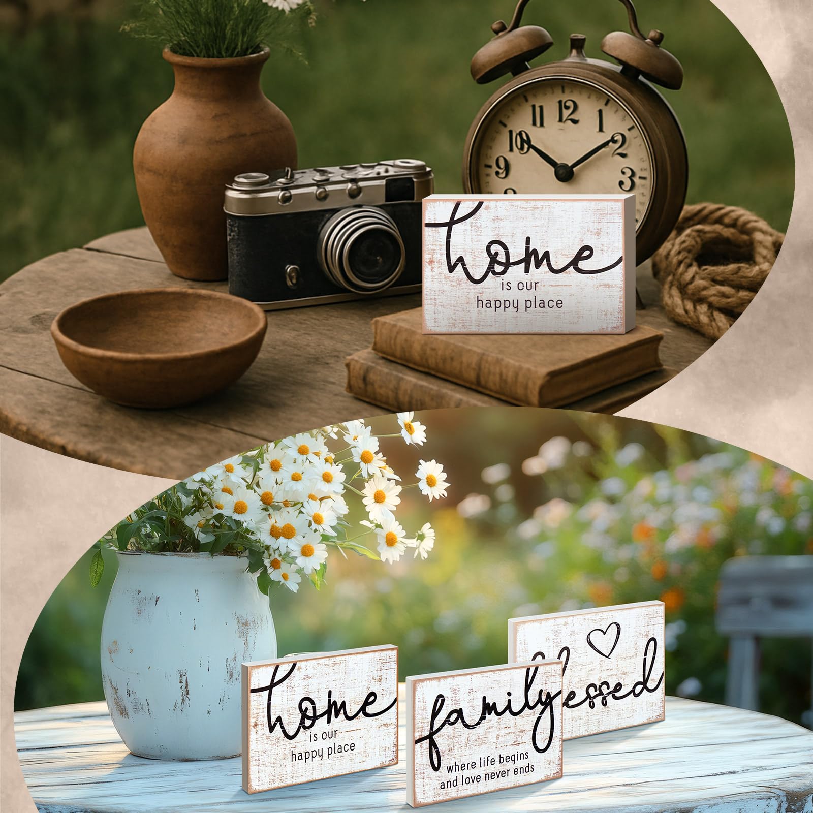 Jetec 3 Pcs Wooden Family Sign Rustic Blessed Home Wall Art Mini Wood Wall Decor Farmhouse Table Shelves Decoration Sign for Bed