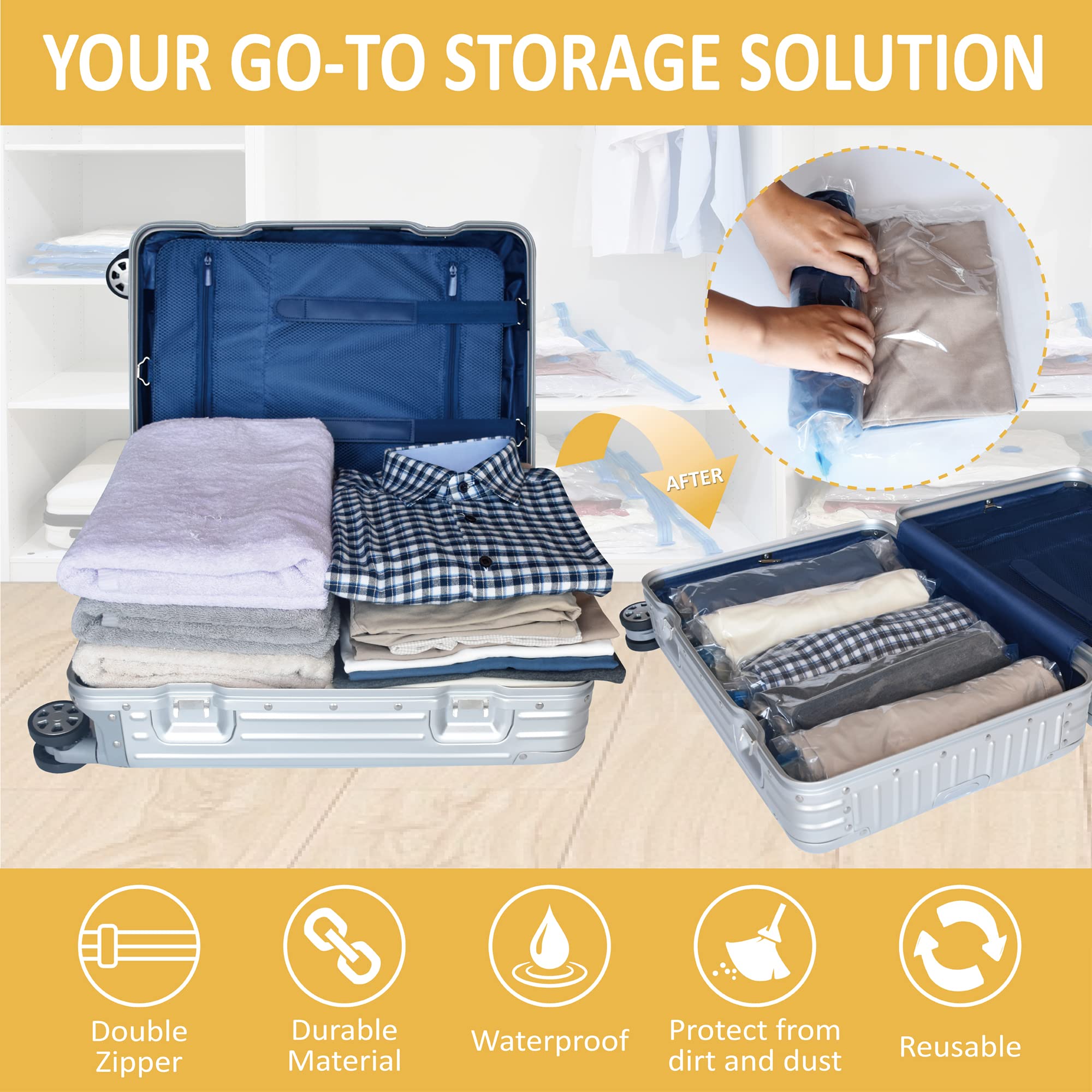 12 Travel Compression Bags Vacuum Packing  Roll Up Space Saver Bags for Luggage  Cruise Ship Essentials (5 Large /5 Medium/2 Small Roll)