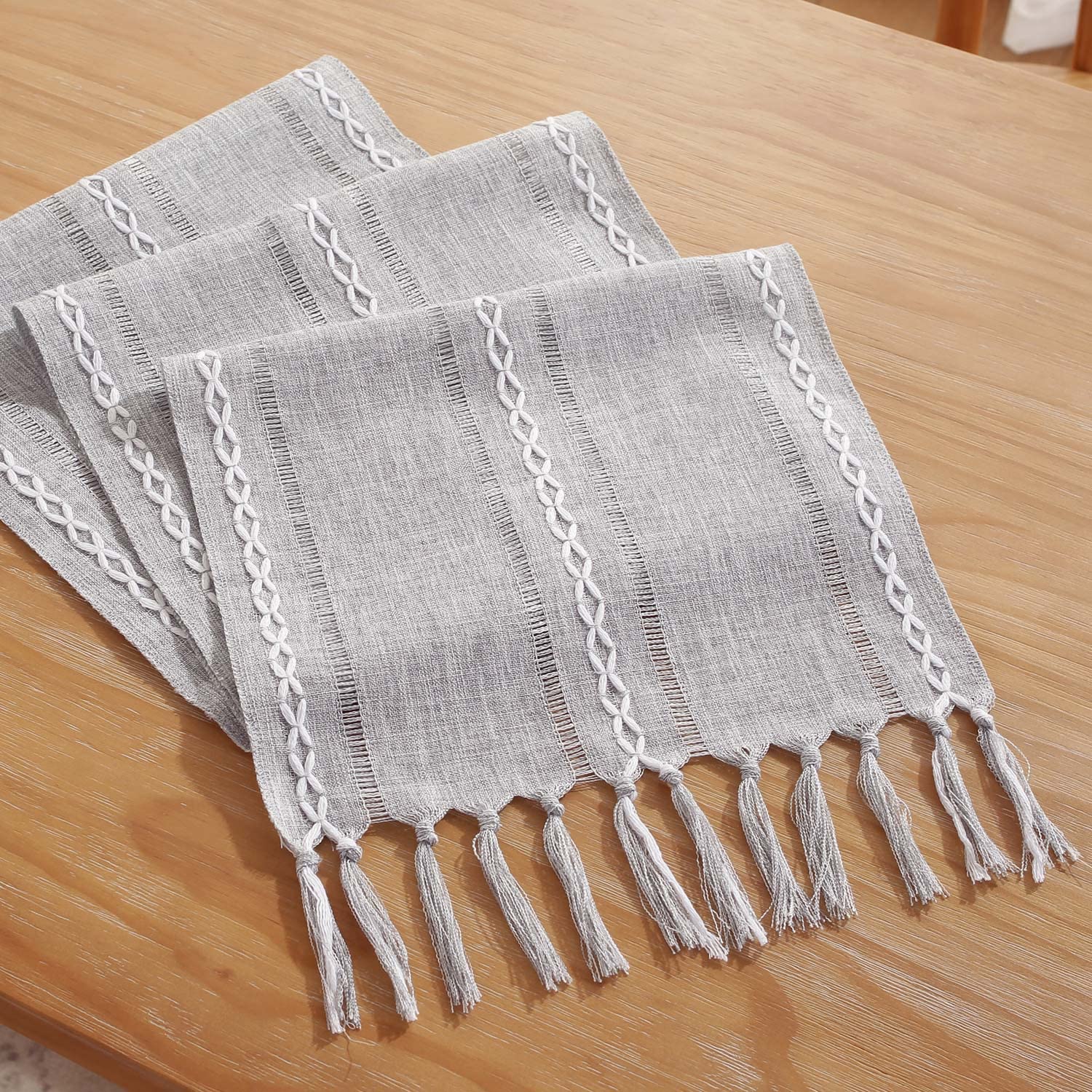 Gsg Farmhouse Grey Table Runner Boho Style Linen 13 X 72 Inch Long, Handmade Rustic Table Runner With Tassels For Holiday Party