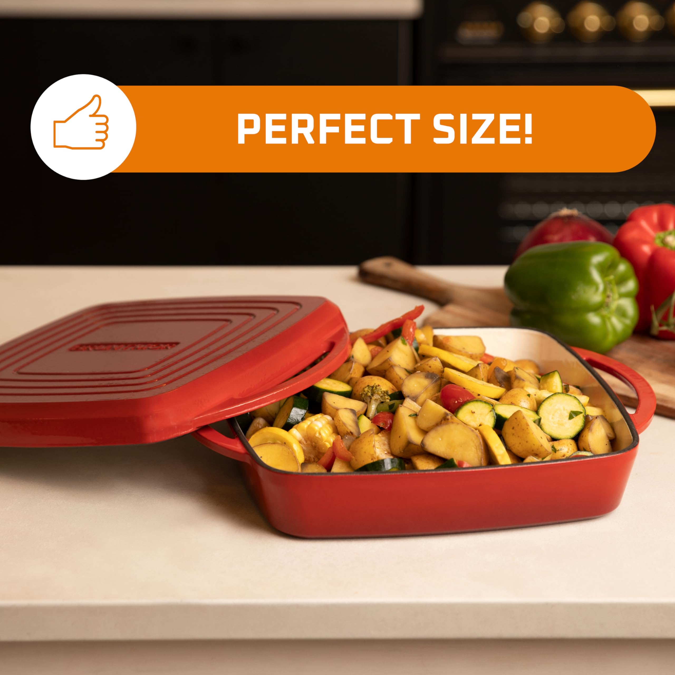 Bruntmor 2-in-1 Square Enameled Cast Iron Dutch Oven Baking Pan and Gridle Lid with Dual Handles  Cast Iron Skillet lid  Coating Gridle for baking  bacon Steaks - Red