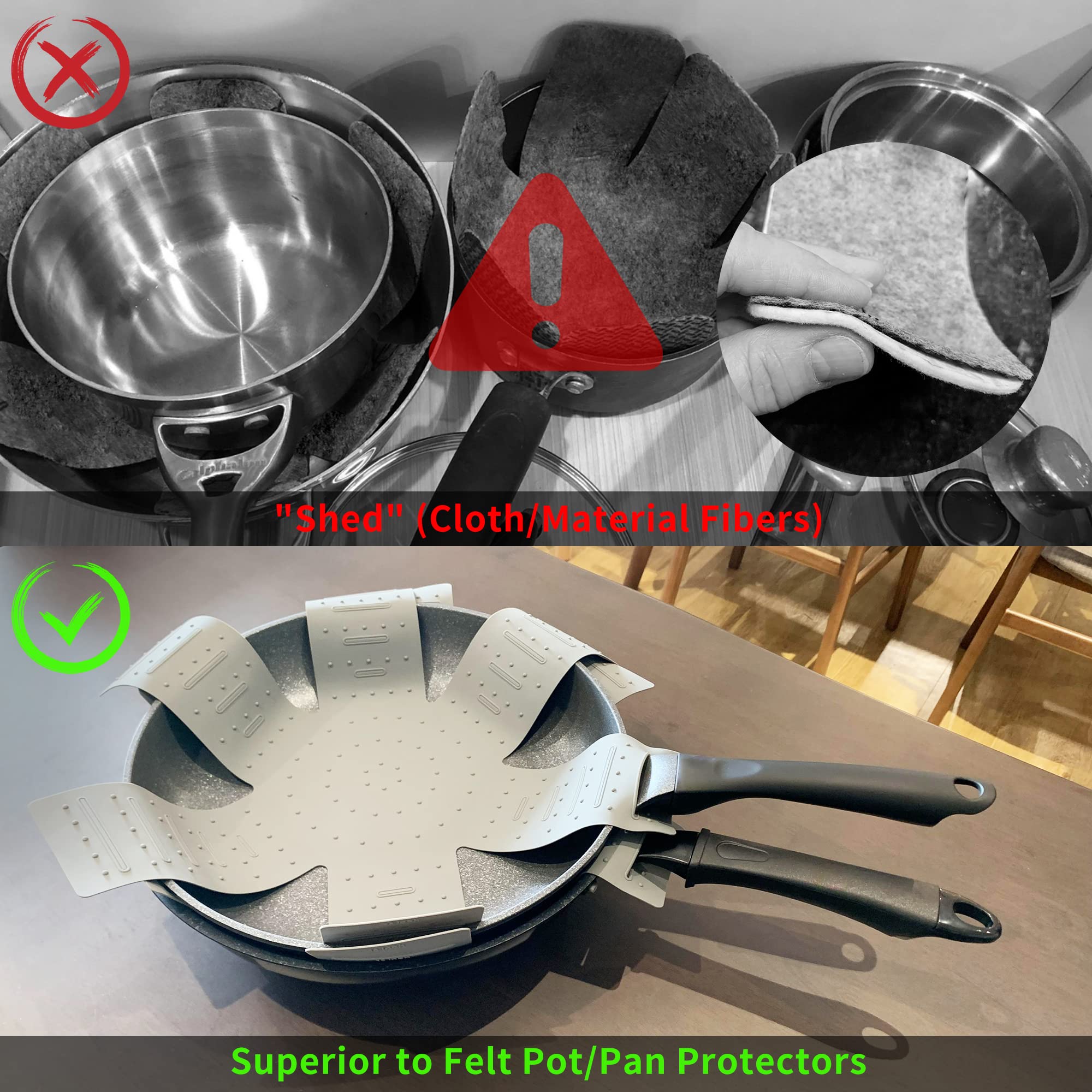 Pot & Pan Protectors, 3-Piece Silicone Cookware Protector Pad, Stacking Pan Protector. It Has A Unique Opening And Fixing Design