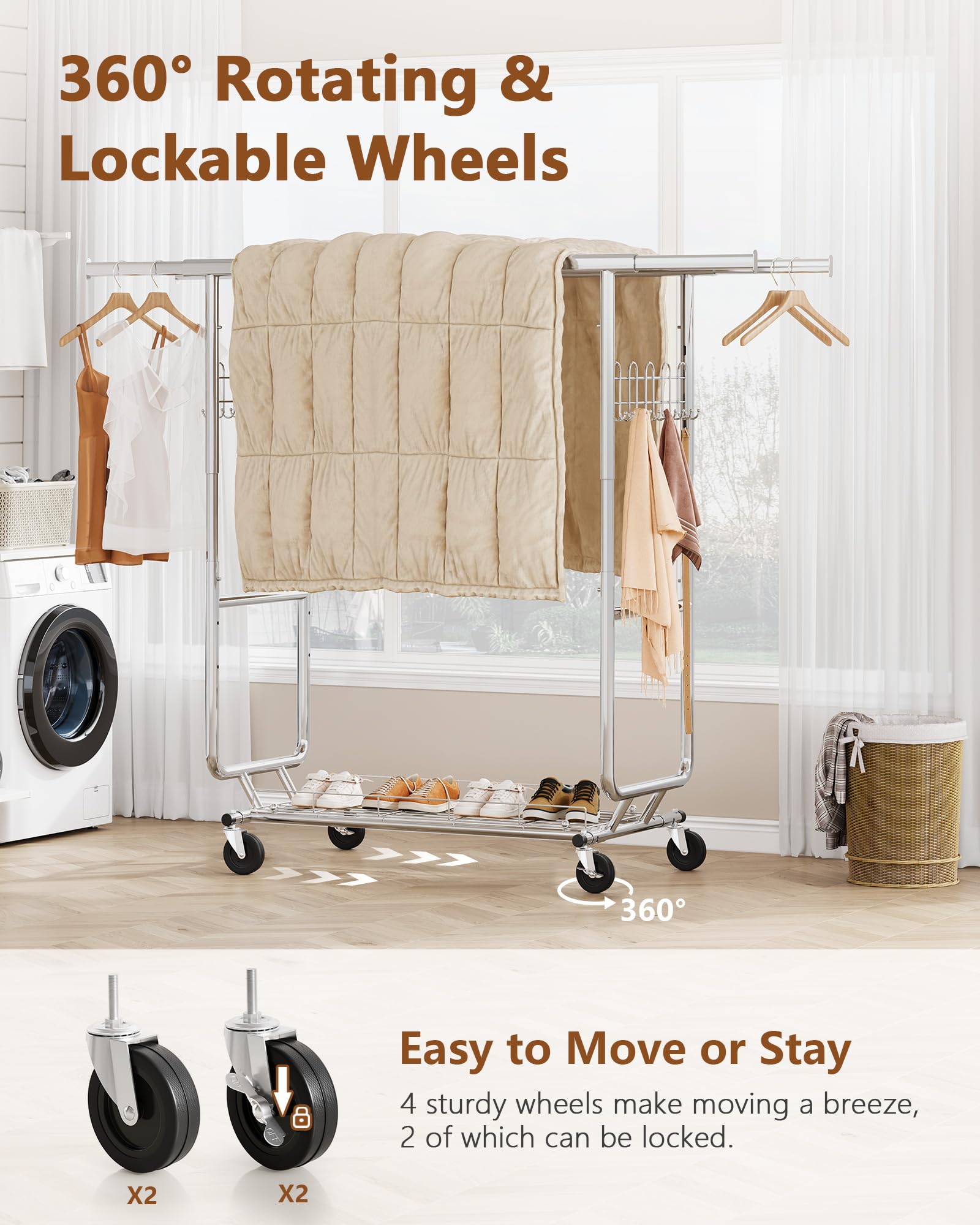 Hoctieon 2-Minute Assembly Double Rod Clothes Rack, Heavy Duty Rolling Clothing Racks With Wheels, Foldable Commercial Garment R