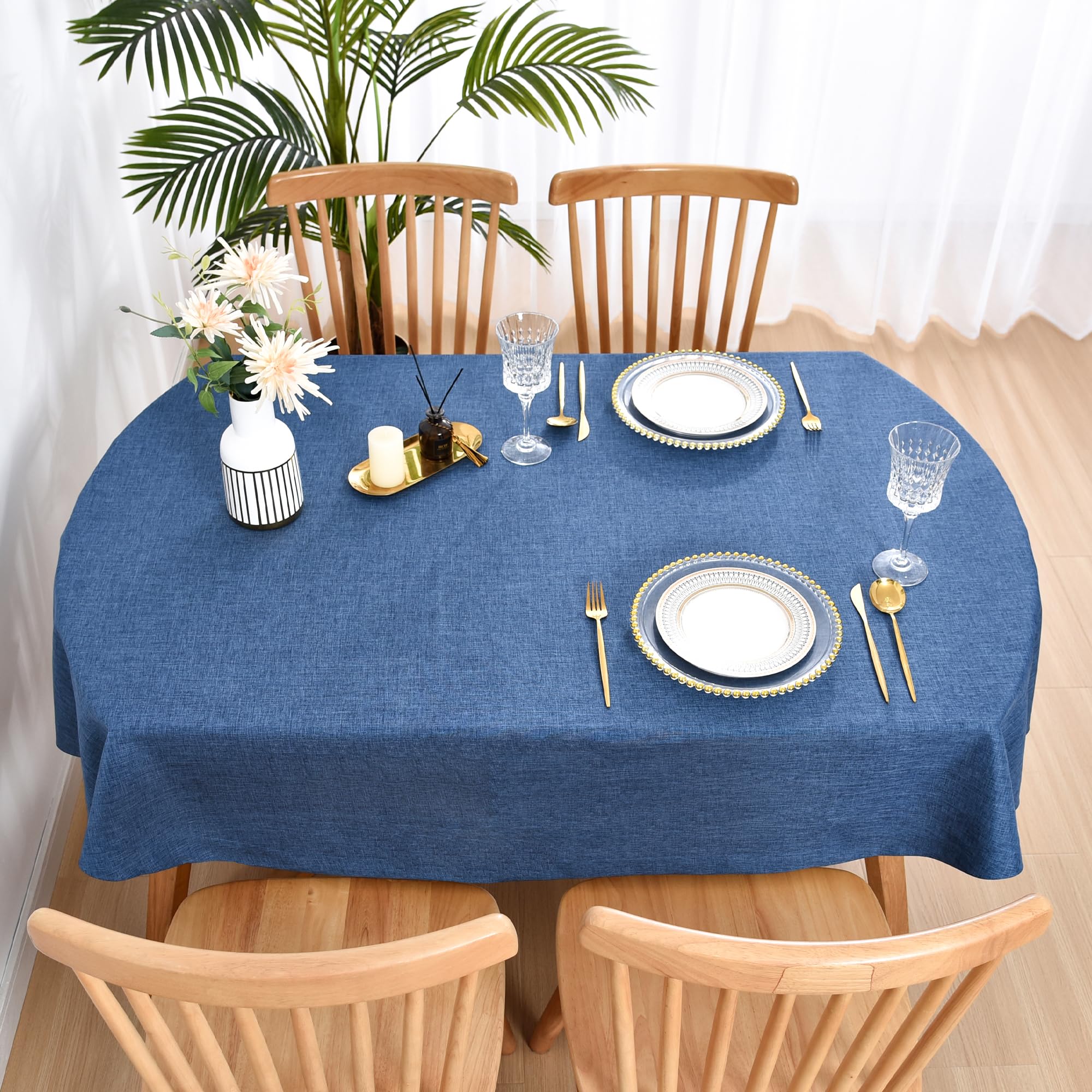 Wolkemer Faux Linen Oval Tablecloth Heavy Duty Wrinkle Resistant Fabric Table Cloths 60 x 84 Inch Navy Blue Farmhouse Rustic Tab