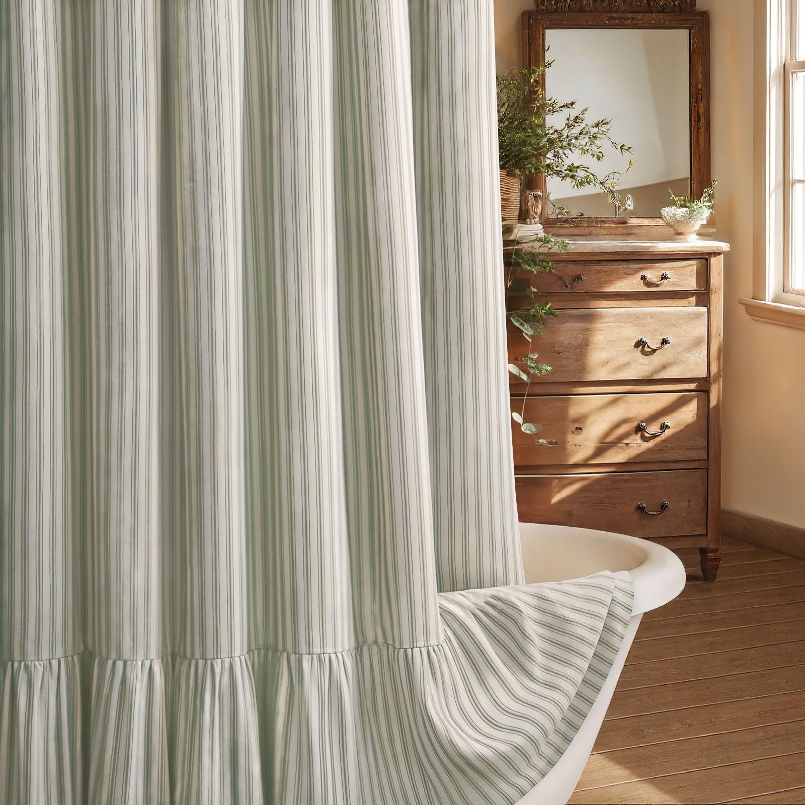 Xoguibo Farmhouse Shower Curtain With Ruffle Hem Linen Shower Curtains For Bathroom Country Vintage Rustic Natural Fabric, Cream