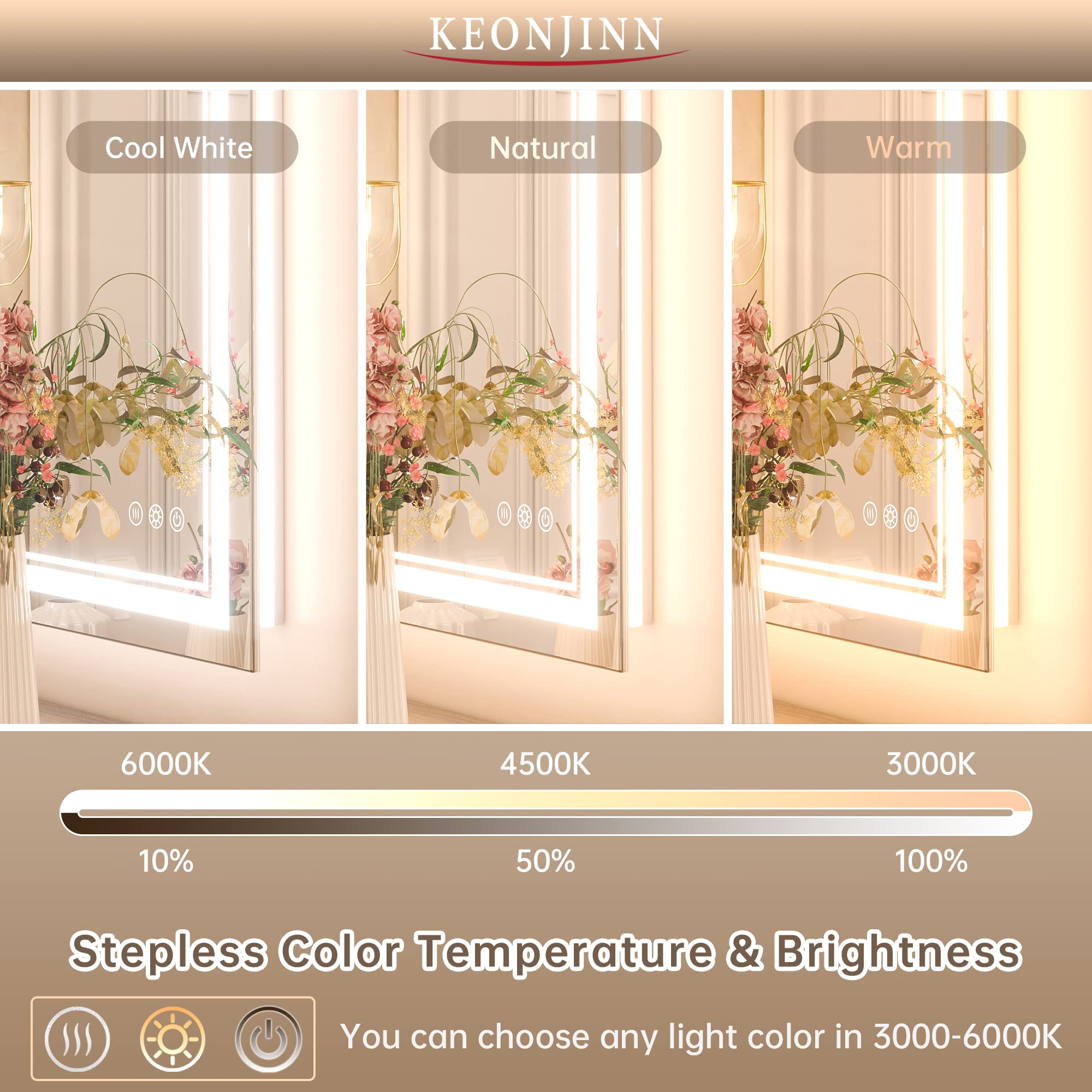 Keonjinn Led Bathroom Mirror 24'' X 32'' With Frontlit And Backlit, Stepless 3 Colors Temperature & Dimmable Vanity Mirror With
