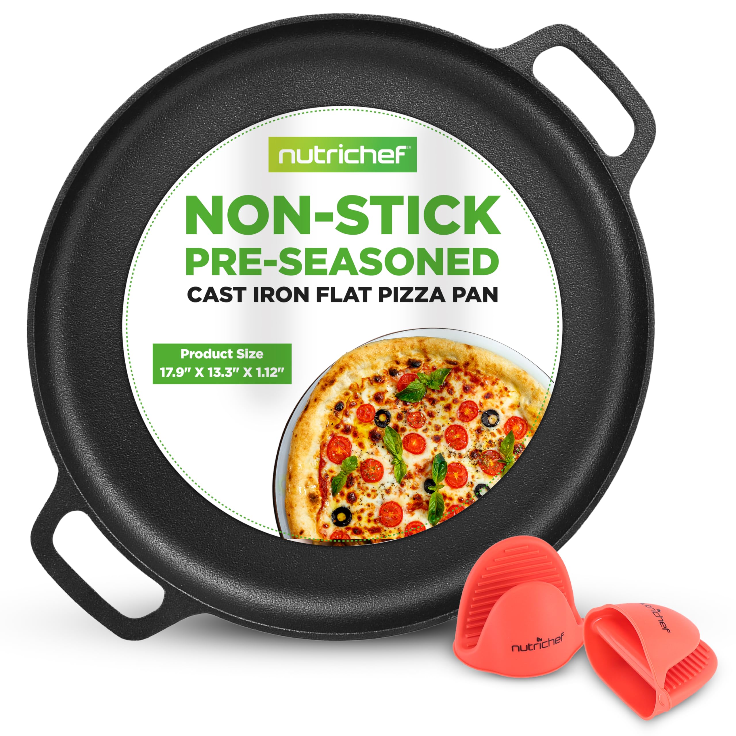 Nutrichef 13-Inch Flat Cast Iron Pizza Pan - Versatile Pre-Seasoned Round Cooking Griddle W/ Built-In Handles For Oven, Grill, S