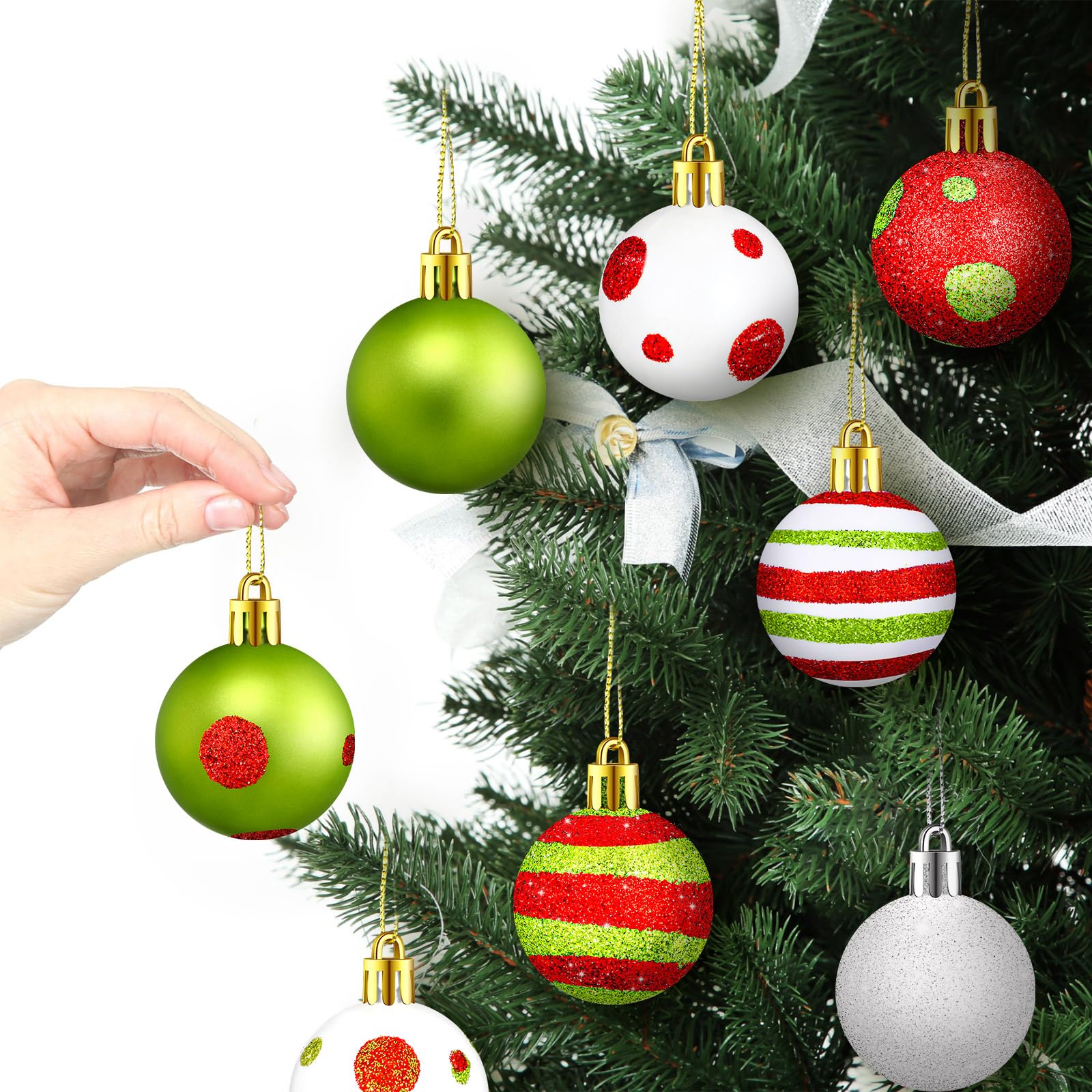 24 Pcs Christmas Ball Ornaments Lime Green Red Christmas Ball Ornament Glittering Hanging Decor Plastic Xmas Tree Decoration Dot