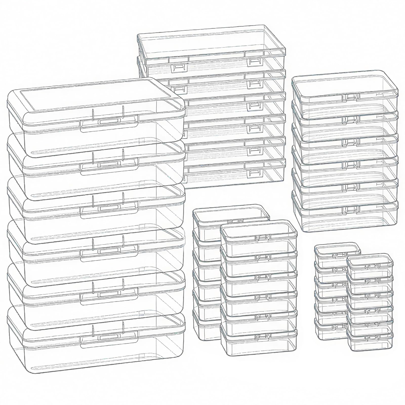 Goodma 42 Pieces Mixed Sizes Rectangular Empty Mini Clear Plastic Organizer Storage Box Containers with Hinged Lids for Small It