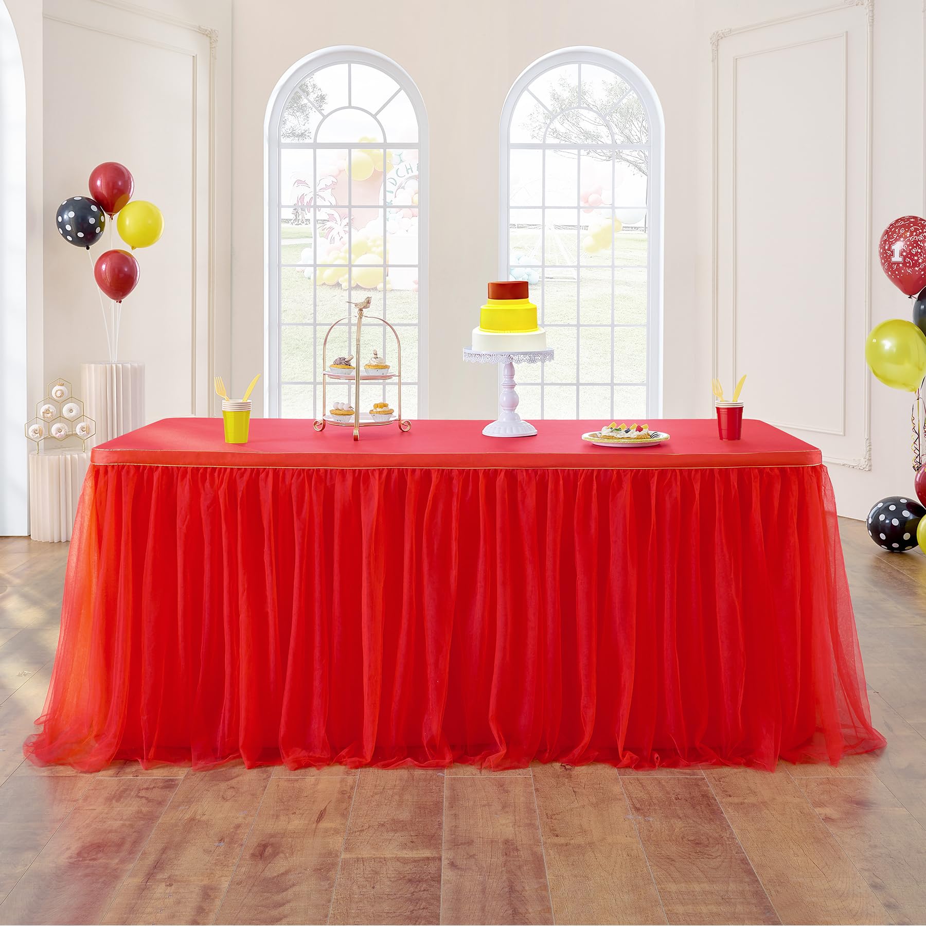 72inch Red Tulle Table Skirt for Rectangle Tables 6/4ft, 2-Layer Ruffle Tulle Tutu Red Cloth Table Desk Skirts 6ft for Chrismas 