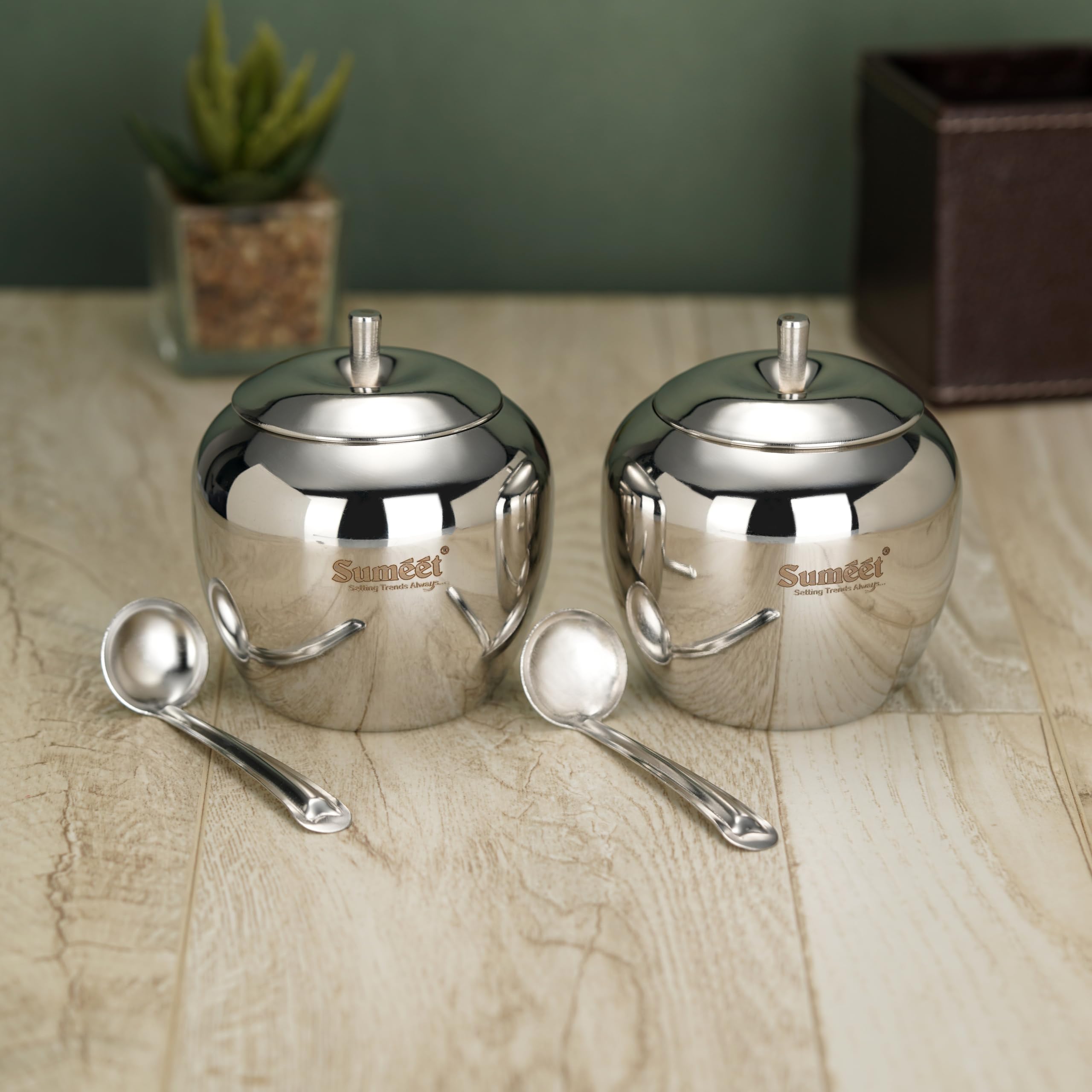 Sumeet Stainless Steel Apple Shape Ghee and Oil Pot, Storage Container with Spoon for Kitchen, 7.5cm Dia, 220ML  Silver (Pack o